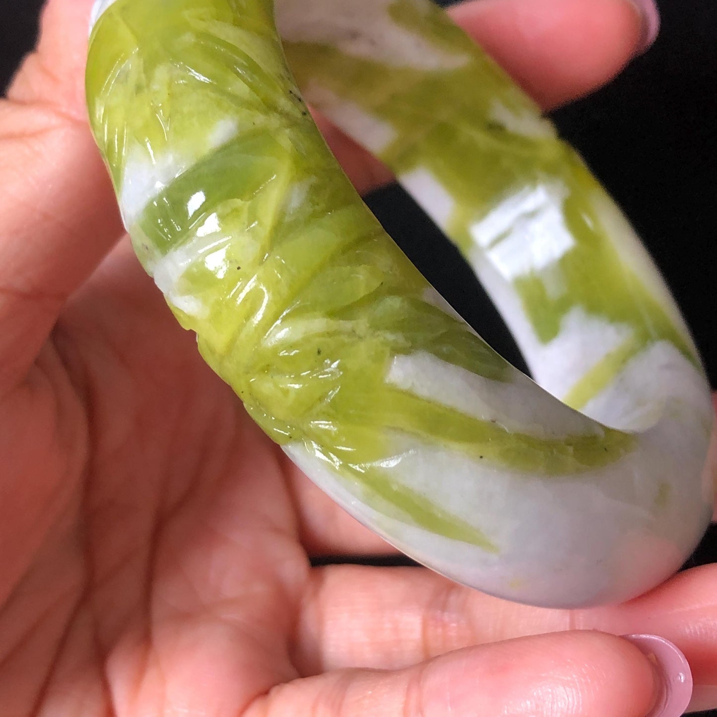 54.4mm Xiu Jade Serpentine Bamboo Forest Bangle: Natural White Green Bi-colour Jade Handcrafted Bracelet, Stone Carving Gemstone Jewelry Gift for her Green jade White Jade jade carving 3D stone carving cat bracelet kitten bracelet handcrafted bangle chinese jade gift natural untreated jade vintage bangle antique bracelet bamboo carving