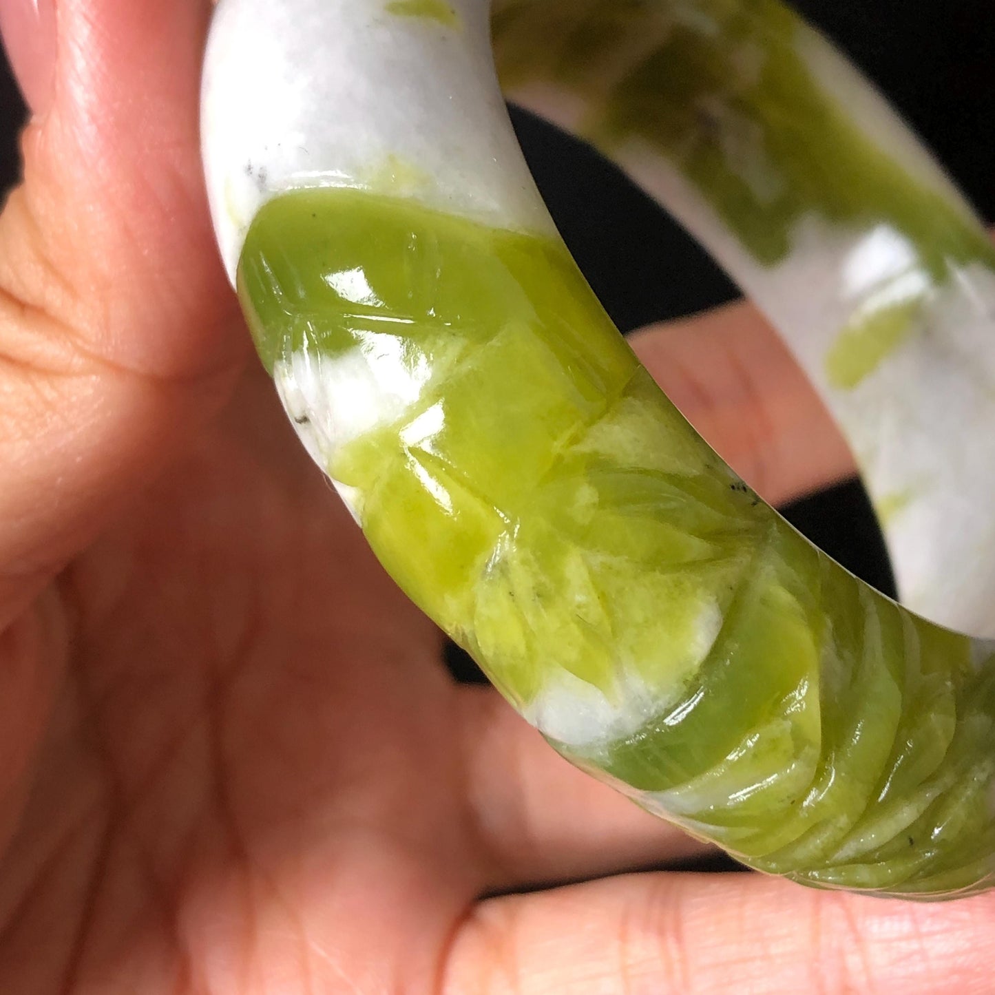 54.4mm Xiu Jade Serpentine Bamboo Forest Bangle: Natural White Green Bi-colour Jade Handcrafted Bracelet, Stone Carving Gemstone Jewelry Gift for her Green jade White Jade jade carving 3D stone carving cat bracelet kitten bracelet handcrafted bangle chinese jade gift natural untreated jade vintage bangle antique bracelet bamboo carving