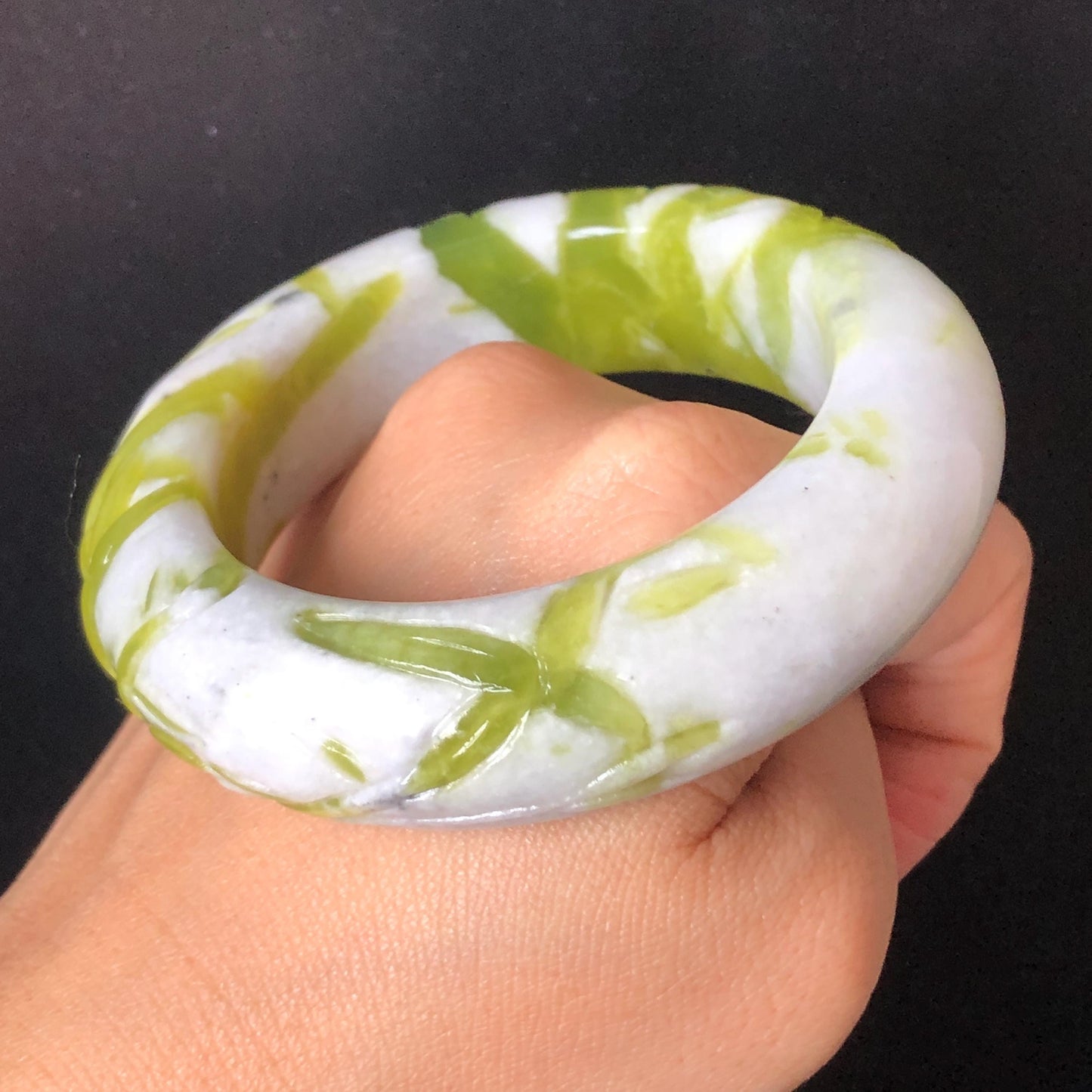 54.4mm Xiu Jade Serpentine Bamboo Forest Bangle: Natural White Green Bi-colour Jade Handcrafted Bracelet, Stone Carving Gemstone Jewelry Gift for her Green jade White Jade jade carving 3D stone carving cat bracelet kitten bracelet handcrafted bangle chinese jade gift natural untreated jade vintage bangle antique bracelet bamboo carving