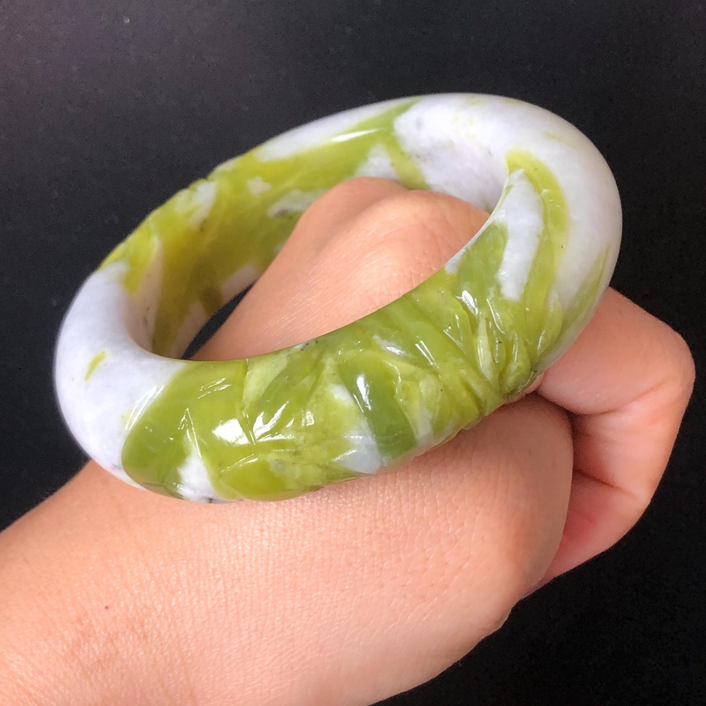 54.4mm Xiu Jade Serpentine Bamboo Forest Bangle: Natural White Green Bi-colour Jade Handcrafted Bracelet, Stone Carving Gemstone Jewelry Gift for her Green jade White Jade jade carving 3D stone carving cat bracelet kitten bracelet handcrafted bangle chinese jade gift natural untreated jade vintage bangle antique bracelet bamboo carving