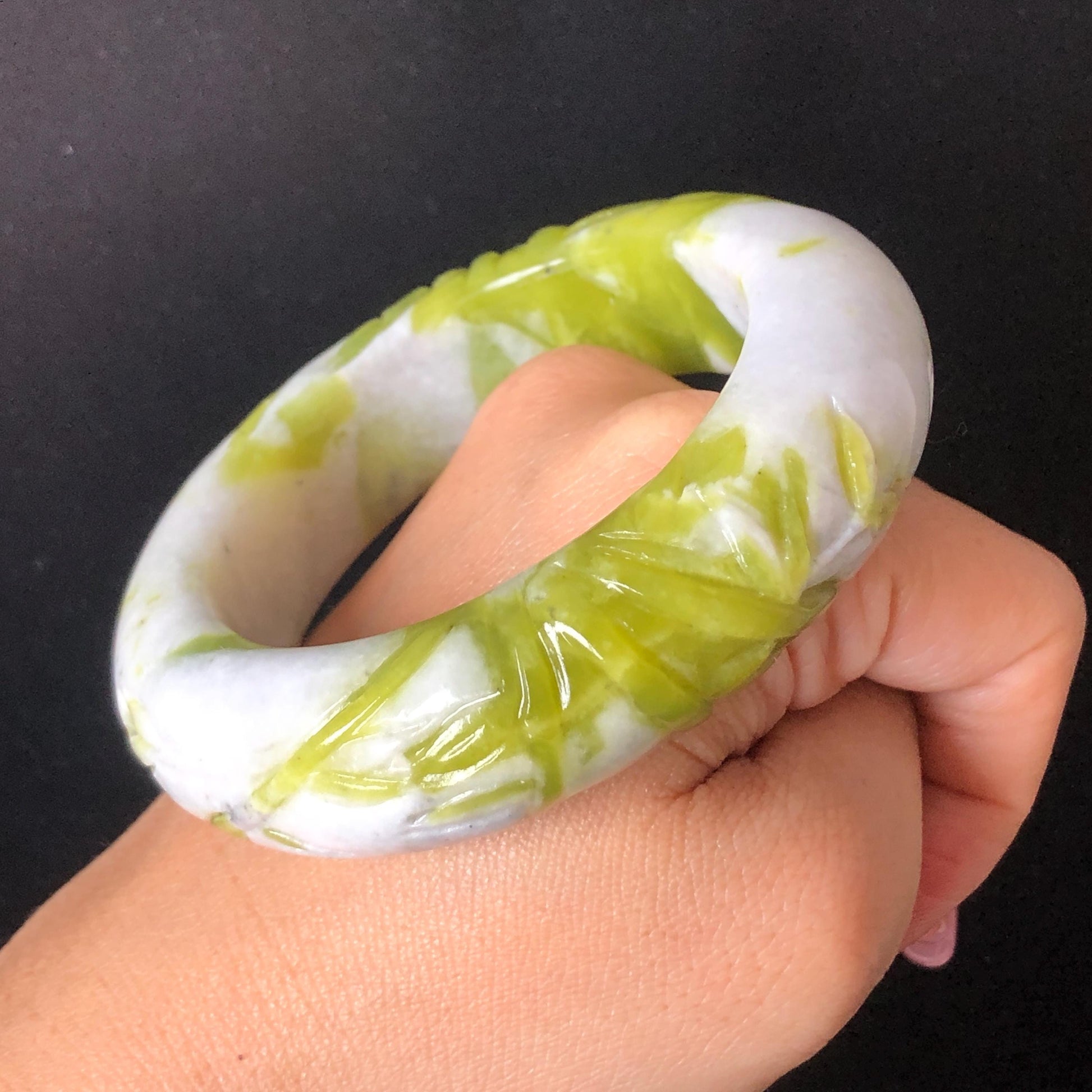 54.4mm Xiu Jade Serpentine Bamboo Forest Bangle: Natural White Green Bi-colour Jade Handcrafted Bracelet, Stone Carving Gemstone Jewelry Gift for her Green jade White Jade jade carving 3D stone carving cat bracelet kitten bracelet handcrafted bangle chinese jade gift natural untreated jade vintage bangle antique bracelet bamboo carving