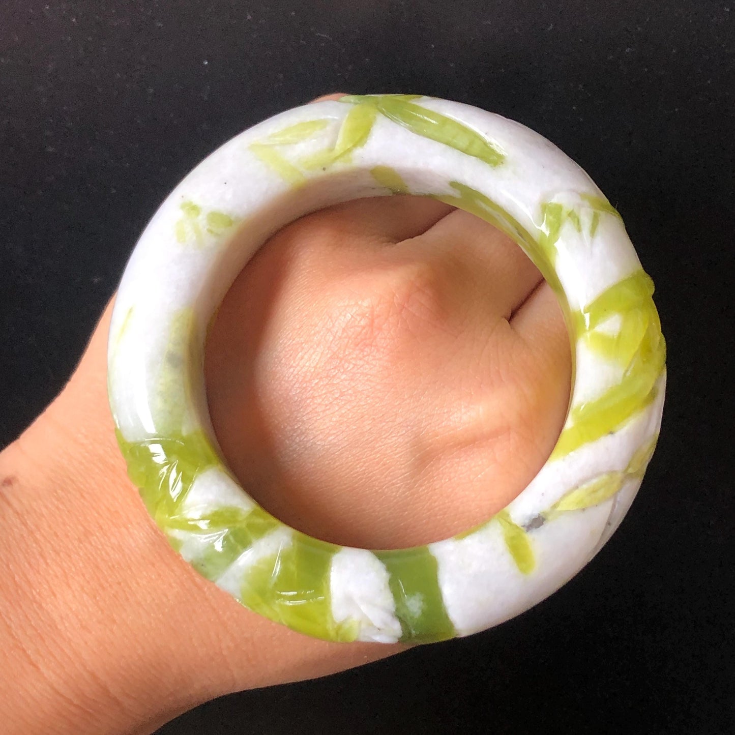 54.4mm Xiu Jade Serpentine Bamboo Forest Bangle: Natural White Green Bi-colour Jade Handcrafted Bracelet, Stone Carving Gemstone Jewelry Gift for her Green jade White Jade jade carving 3D stone carving cat bracelet kitten bracelet handcrafted bangle chinese jade gift natural untreated jade vintage bangle antique bracelet bamboo carving