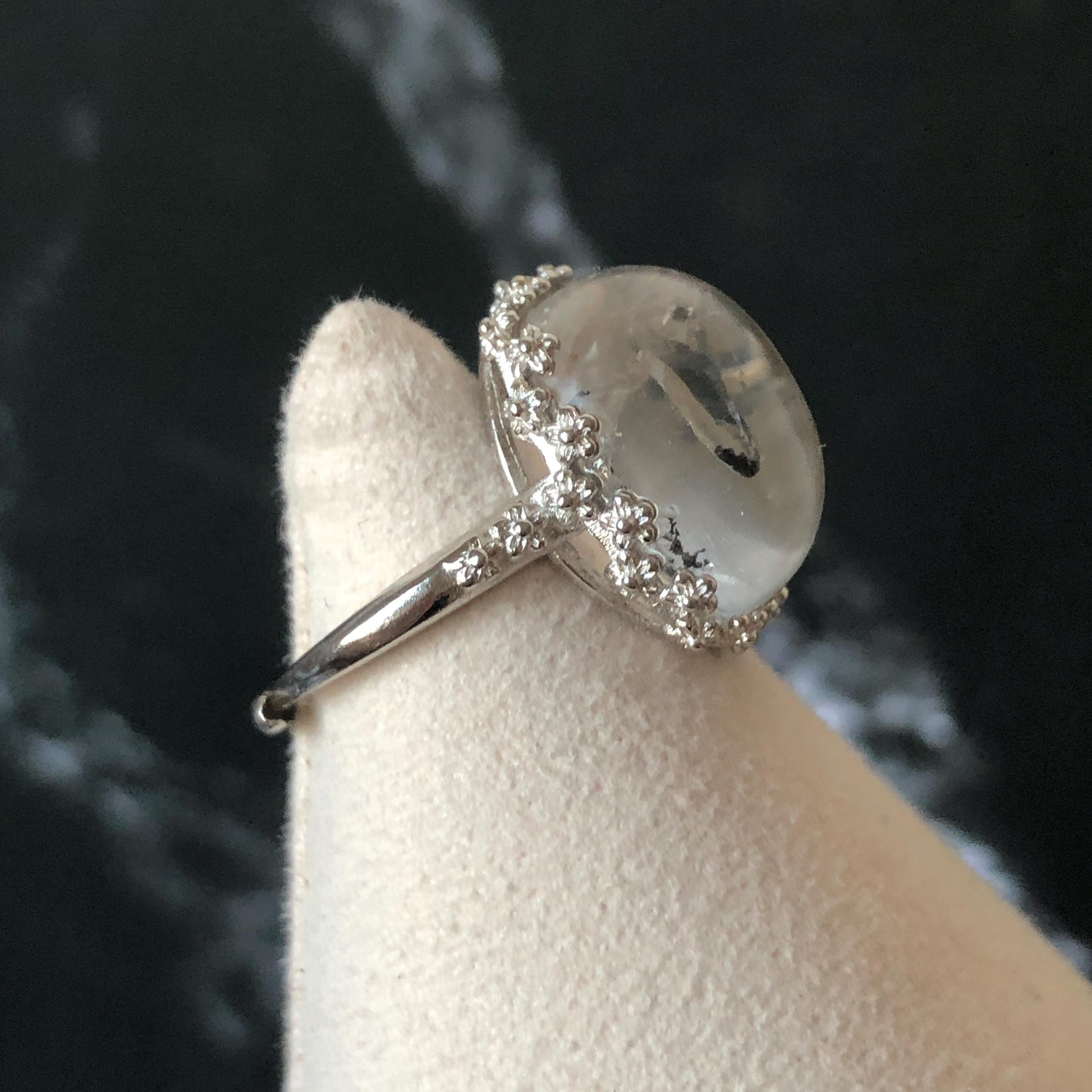 Polished Enhydro Quartz (Herkimer Diamond) S925 Silver Adjustable Ring: Mild Rainbow! Moving Sand and Black Bubble Inclusion Crystal Statement Ring for Women ring crystal band ring crystal cocktail ring crystal stackable ring 7 chakra crystal ring meditation crystal healing stone birthstone silver ring ring for men rainbow quartz inclusion quartz inclusion crystal minerals specimen silver ring free size ring adjustable ring holder