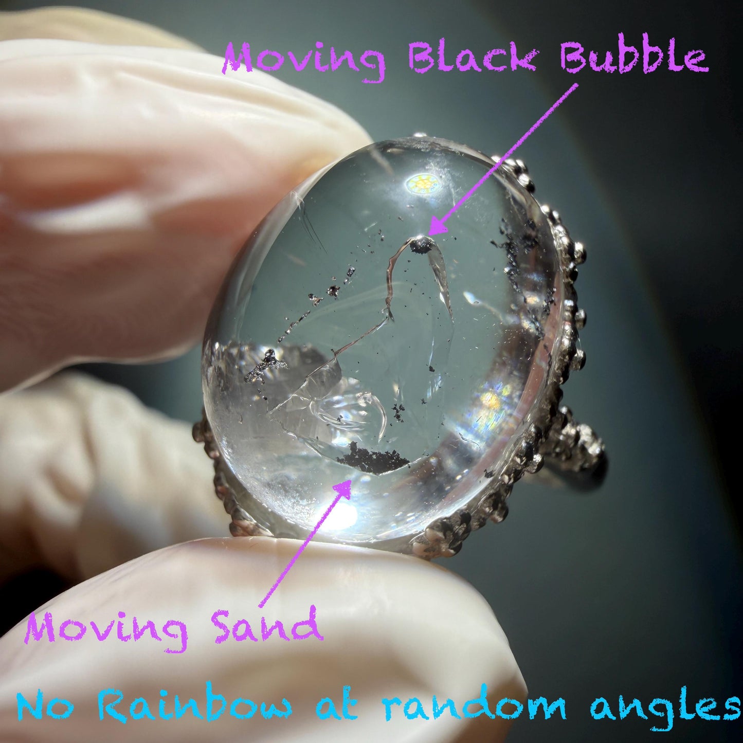 Polished Enhydro Quartz (Herkimer Diamond) S925 Silver Adjustable Ring: Mild Rainbow! Moving Sand and Black Bubble Inclusion Crystal Statement Ring for Women ring crystal band ring crystal cocktail ring crystal stackable ring 7 chakra crystal ring meditation crystal healing stone birthstone silver ring ring for men rainbow quartz inclusion quartz inclusion crystal minerals specimen silver ring free size ring adjustable ring holder