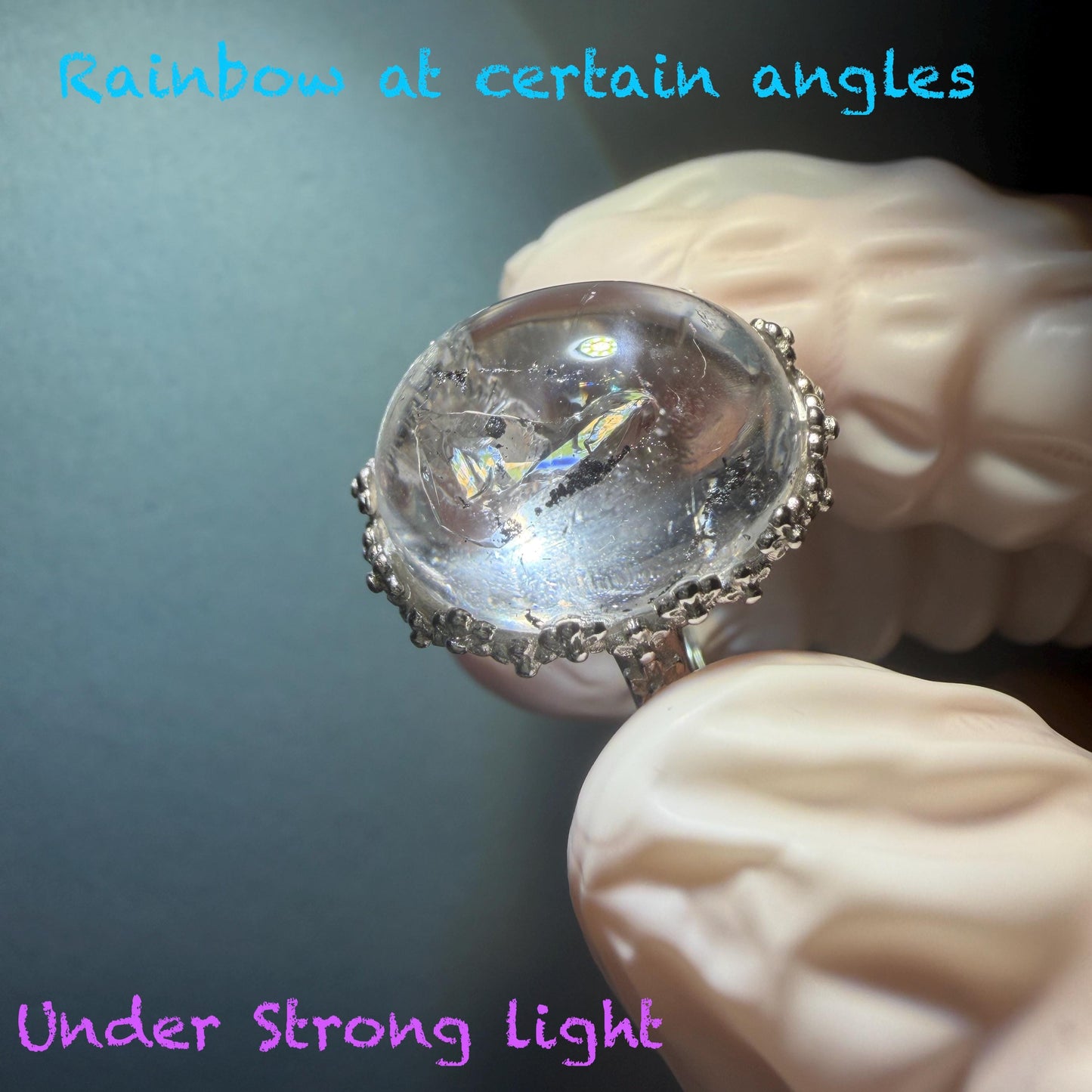 Polished Enhydro Quartz (Herkimer Diamond) S925 Silver Adjustable Ring: Mild Rainbow! Moving Sand and Black Bubble Inclusion Crystal Statement Ring for Women ring crystal band ring crystal cocktail ring crystal stackable ring 7 chakra crystal ring meditation crystal healing stone birthstone silver ring ring for men rainbow quartz inclusion quartz inclusion crystal minerals specimen silver ring free size ring adjustable ring holder