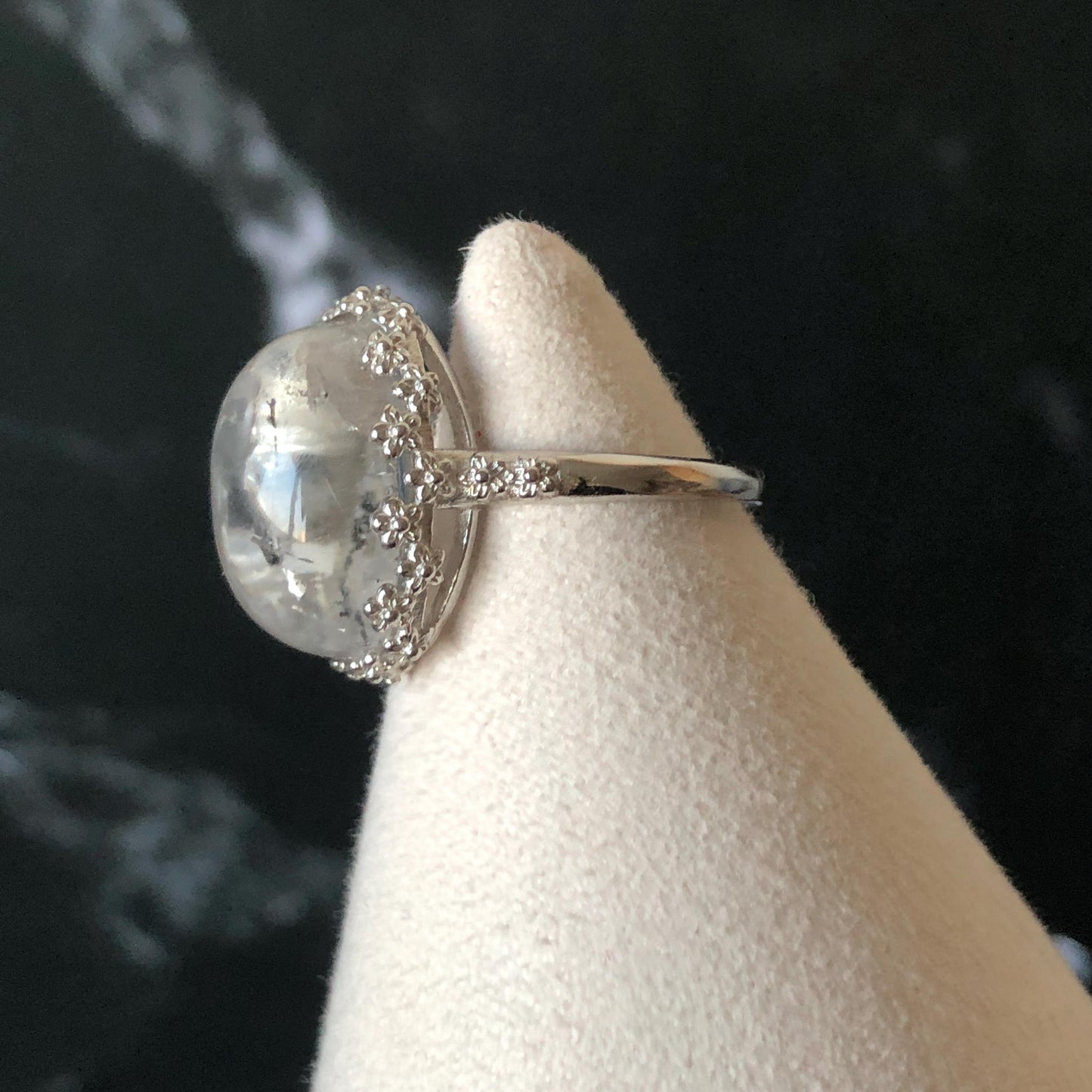 Polished Enhydro Quartz (Herkimer Diamond) S925 Silver Adjustable Ring: Mild Rainbow! Moving Sand and Black Bubble Inclusion Crystal Statement Ring for Women ring crystal band ring crystal cocktail ring crystal stackable ring 7 chakra crystal ring meditation crystal healing stone birthstone silver ring ring for men rainbow quartz inclusion quartz inclusion crystal minerals specimen silver ring free size ring adjustable ring holder