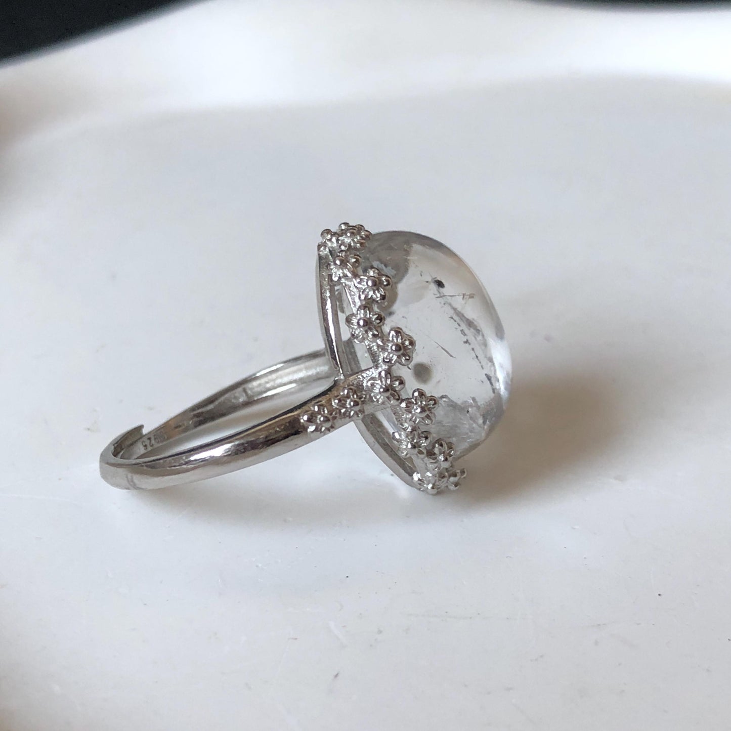 Polished Enhydro Quartz (Herkimer Diamond) S925 Silver Adjustable Ring: Mild Rainbow! Moving Sand and Black Bubble Inclusion Crystal Statement Ring for Women ring crystal band ring crystal cocktail ring crystal stackable ring 7 chakra crystal ring meditation crystal healing stone birthstone silver ring ring for men rainbow quartz inclusion quartz inclusion crystal minerals specimen silver ring free size ring adjustable ring holder