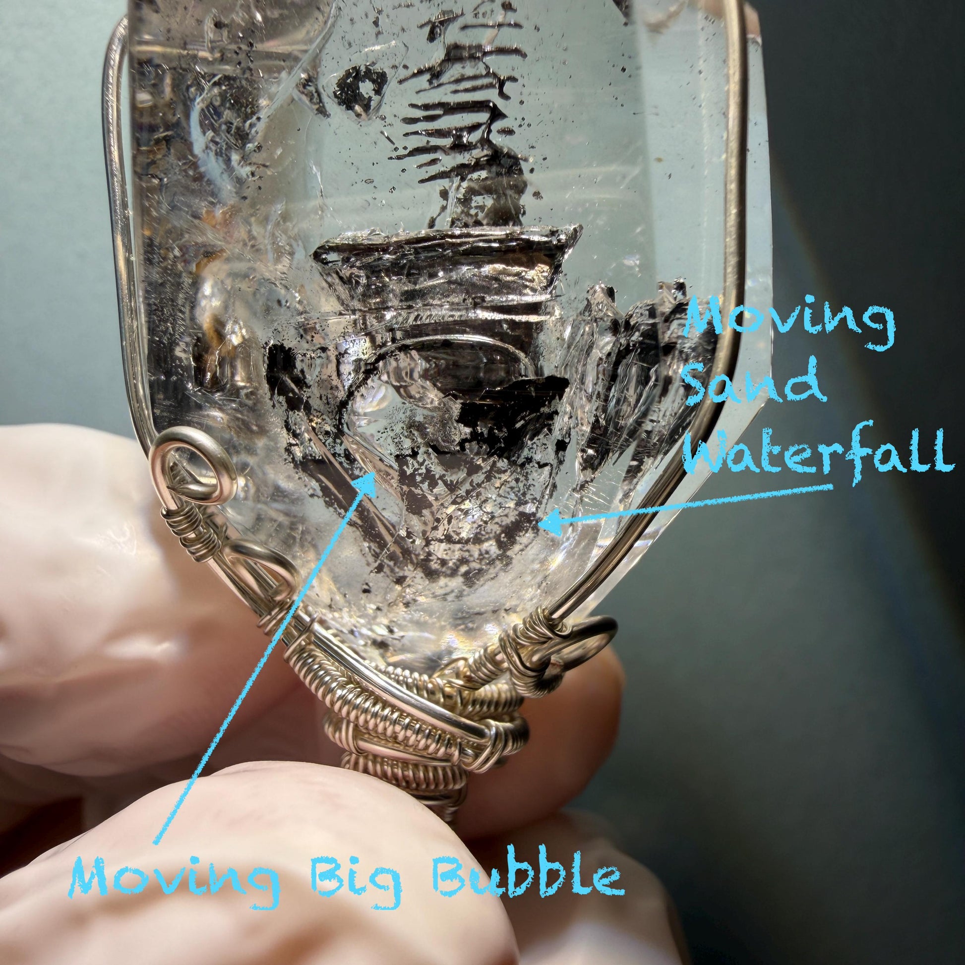 Polished Enhydro Quartz (Herkimer Diamond) Wire Wrapped Pendant Adjustable Necklace: Rainbow Shifting Big Bubble and Moving Sand Waterfall Inclusion Crystal | Natural Gemstone Birthstone Gift for her men necklace chakra crystal purify stone minerals specimen adjustable choker silver pendant inclusion crystal inclusion quartz jewelry rainbow quartz choker necklace enhydro crystal S925 silver pendant minerals specimen