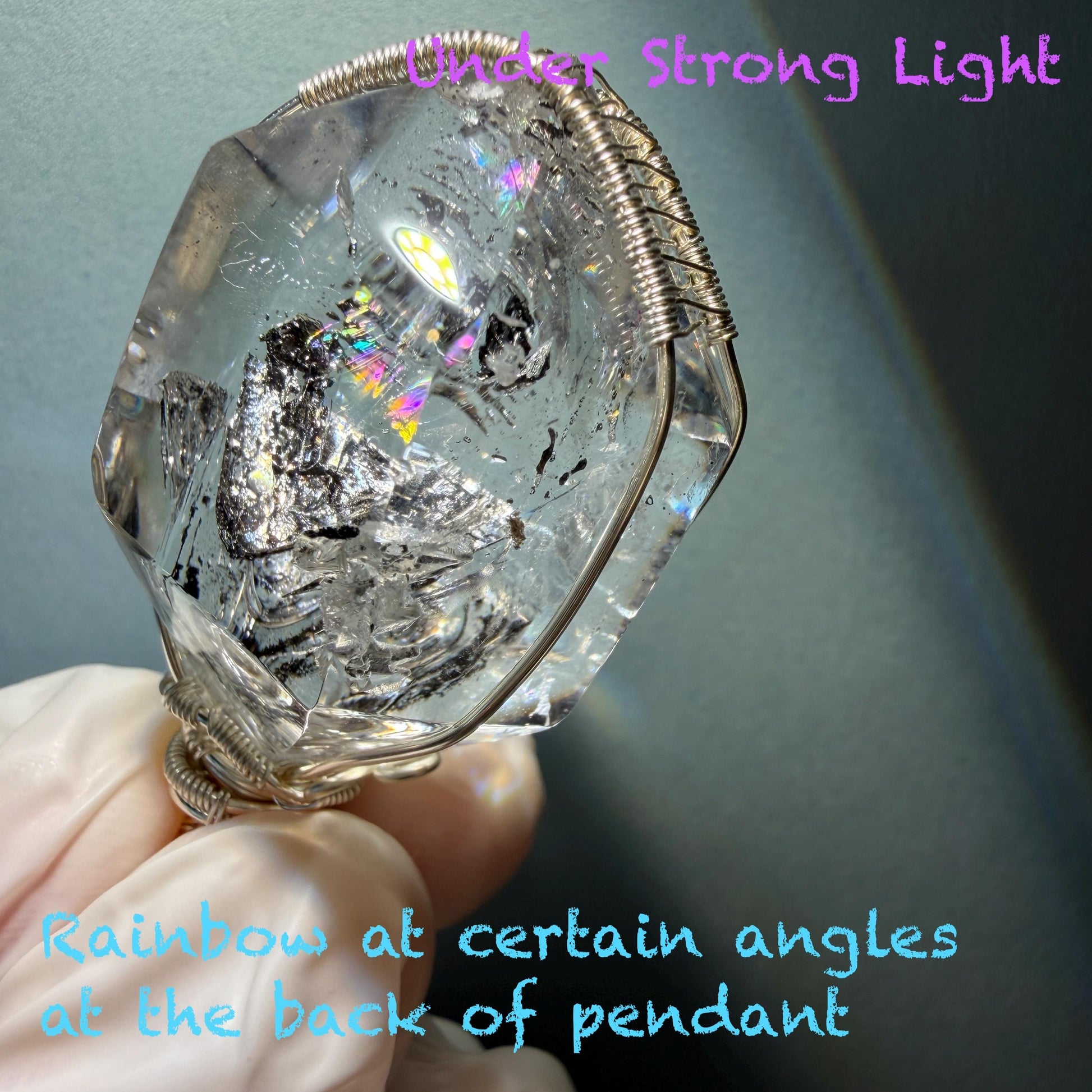 Polished Enhydro Quartz (Herkimer Diamond) Wire Wrapped Pendant Adjustable Necklace: Rainbow Shifting Big Bubble and Moving Sand Waterfall Inclusion Crystal | Natural Gemstone Birthstone Gift for her men necklace chakra crystal purify stone minerals specimen adjustable choker silver pendant inclusion crystal inclusion quartz jewelry rainbow quartz choker necklace enhydro crystal S925 silver pendant minerals specimen