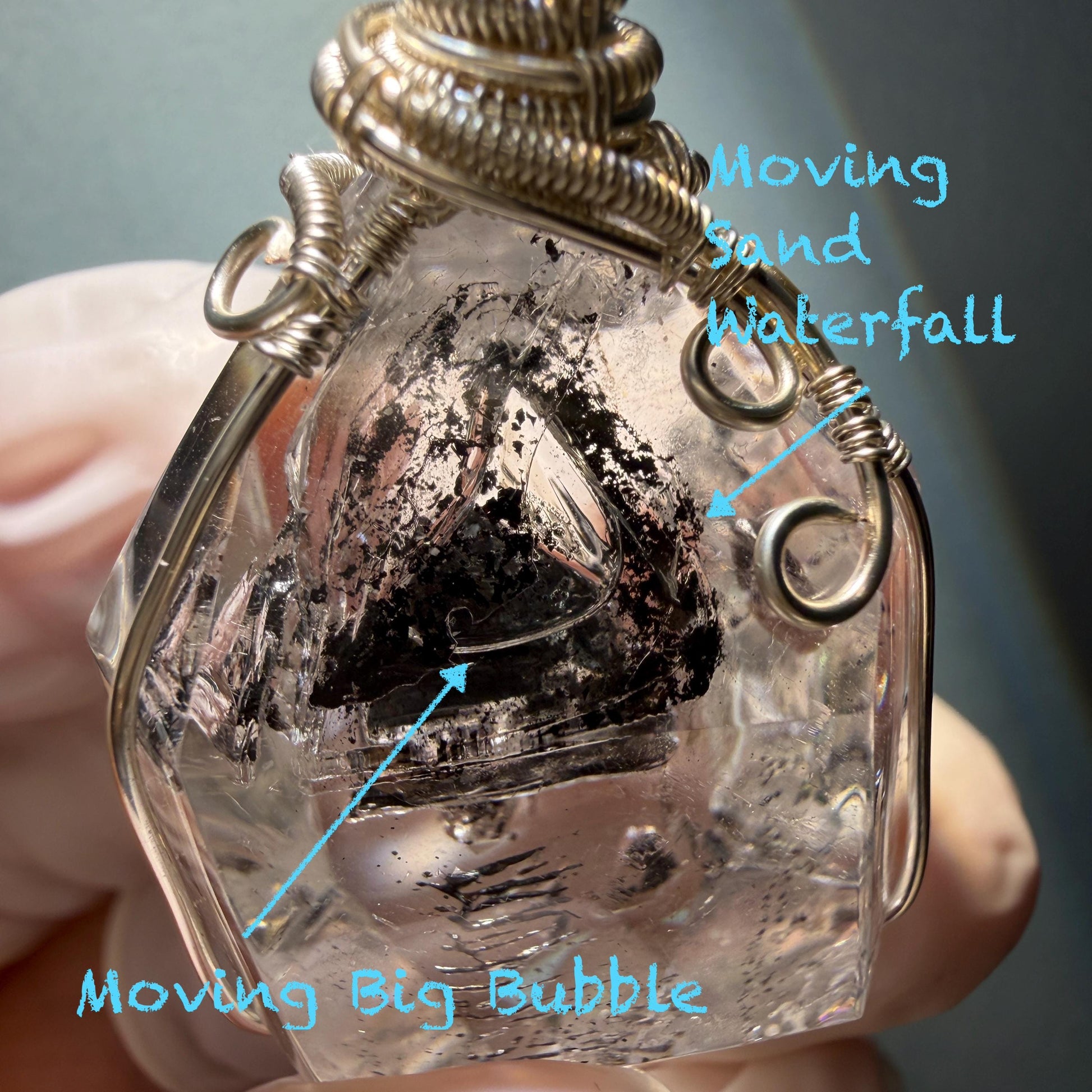 Polished Enhydro Quartz (Herkimer Diamond) Wire Wrapped Pendant Adjustable Necklace: Rainbow Shifting Big Bubble and Moving Sand Waterfall Inclusion Crystal | Natural Gemstone Birthstone Gift for her men necklace chakra crystal purify stone minerals specimen adjustable choker silver pendant inclusion crystal inclusion quartz jewelry rainbow quartz choker necklace enhydro crystal S925 silver pendant minerals specimen