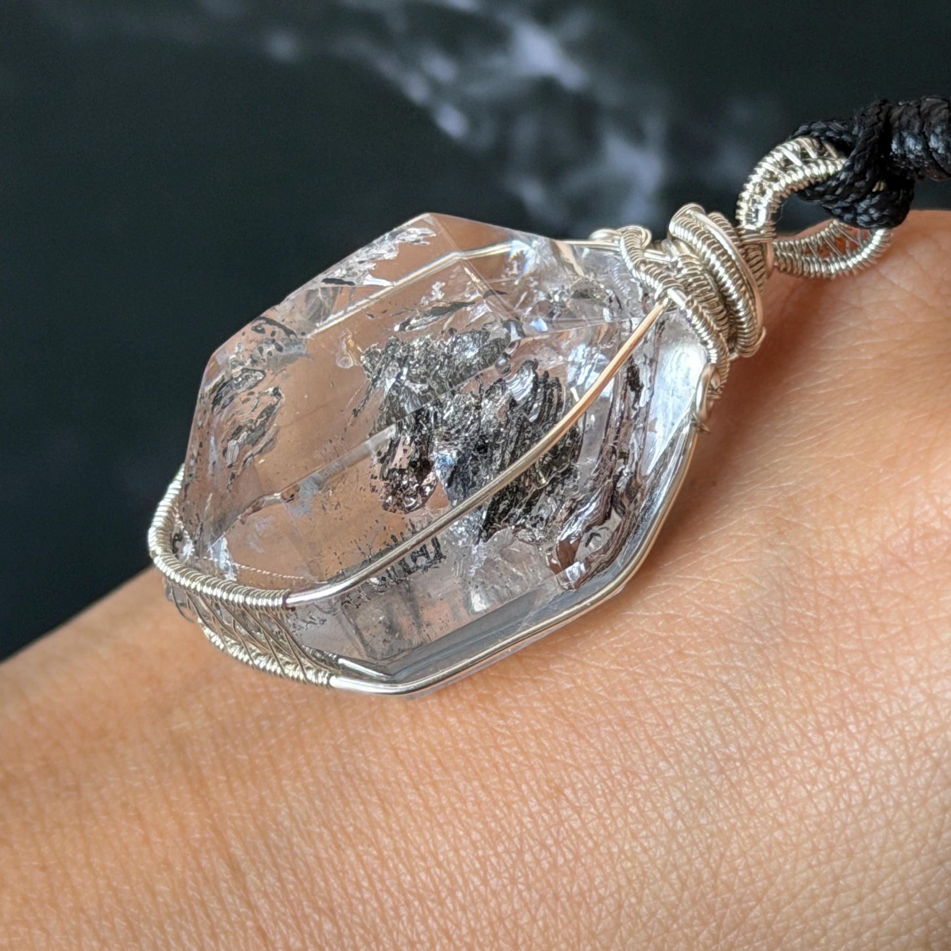 Polished Enhydro Quartz (Herkimer Diamond) Wire Wrapped Pendant Adjustable Necklace: Rainbow Shifting Big Bubble and Moving Sand Waterfall Inclusion Crystal | Natural Gemstone Birthstone Gift for her men necklace chakra crystal purify stone minerals specimen adjustable choker silver pendant inclusion crystal inclusion quartz jewelry rainbow quartz choker necklace enhydro crystal S925 silver pendant minerals specimen