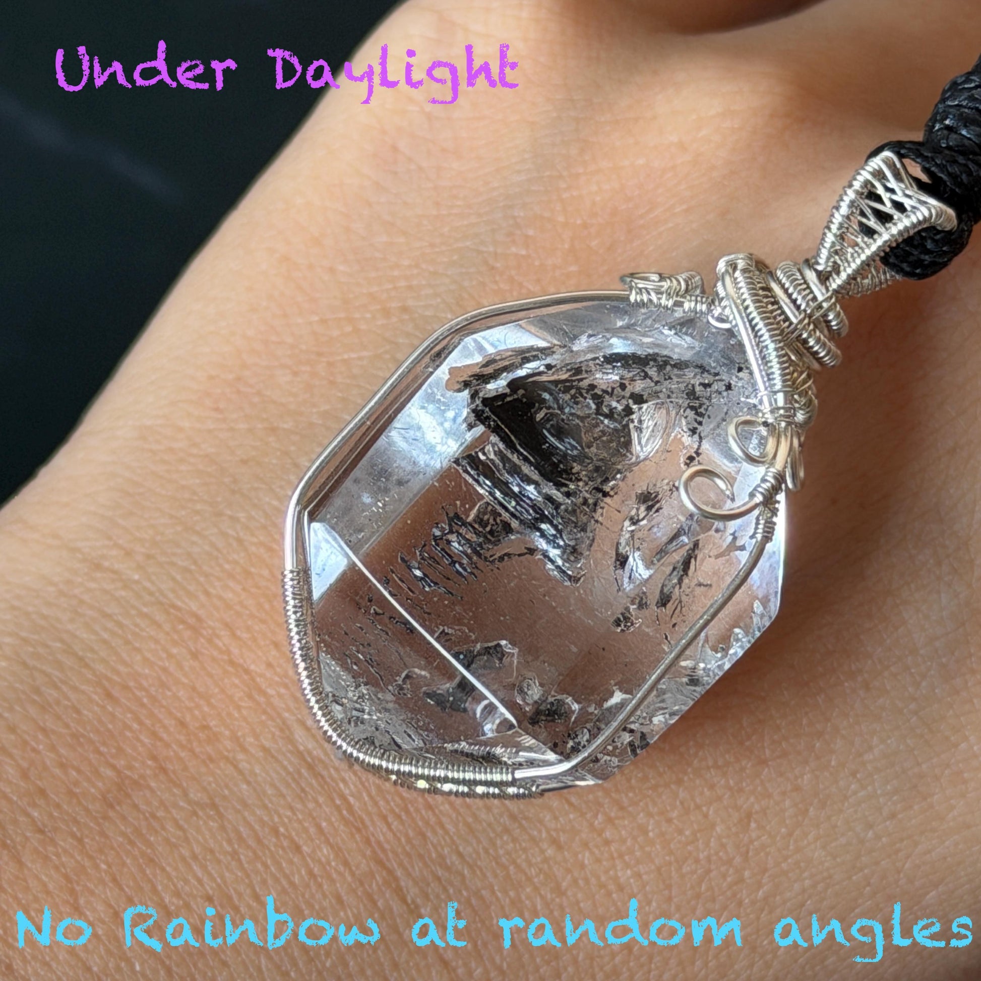 Polished Enhydro Quartz (Herkimer Diamond) Wire Wrapped Pendant Adjustable Necklace: Rainbow Shifting Big Bubble and Moving Sand Waterfall Inclusion Crystal | Natural Gemstone Birthstone Gift for her men necklace chakra crystal purify stone minerals specimen adjustable choker silver pendant inclusion crystal inclusion quartz jewelry rainbow quartz choker necklace enhydro crystal S925 silver pendant minerals specimen