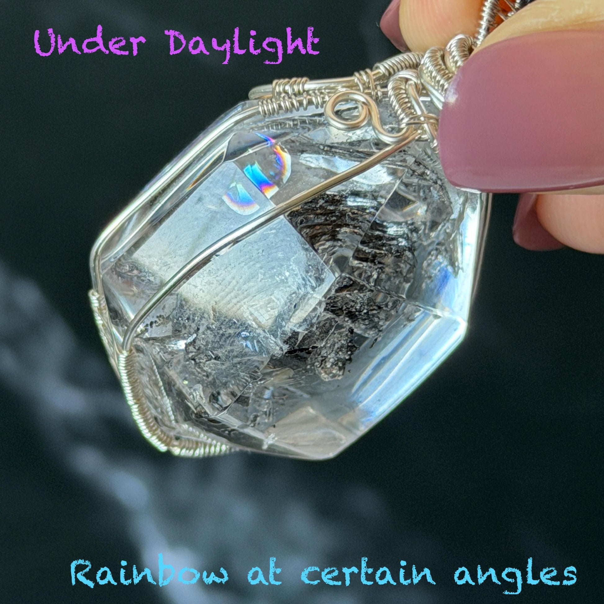 Polished Enhydro Quartz (Herkimer Diamond) Wire Wrapped Pendant Adjustable Necklace: Rainbow Shifting Big Bubble and Moving Sand Waterfall Inclusion Crystal | Natural Gemstone Birthstone Gift for her men necklace chakra crystal purify stone minerals specimen adjustable choker silver pendant inclusion crystal inclusion quartz jewelry rainbow quartz choker necklace enhydro crystal S925 silver pendant minerals specimen