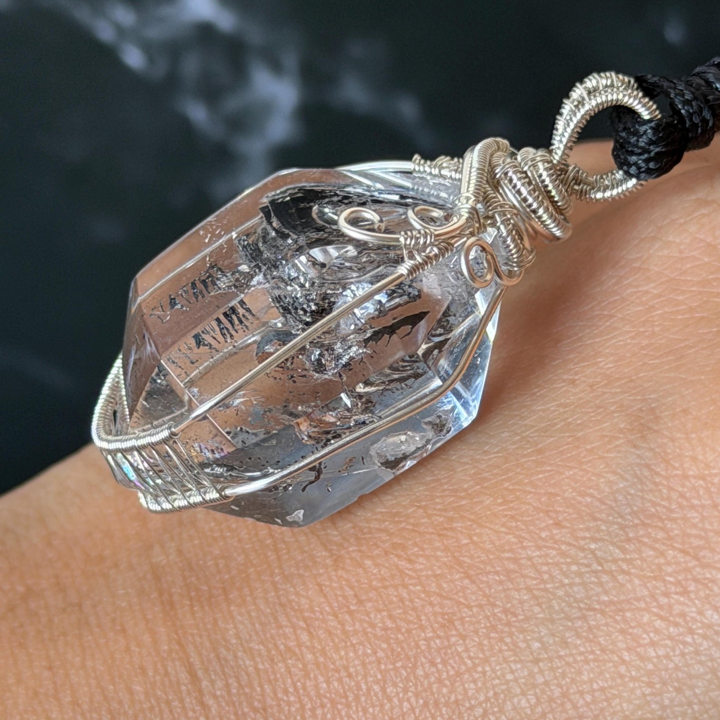 Polished Enhydro Quartz (Herkimer Diamond) Wire Wrapped Pendant Adjustable Necklace: Rainbow Shifting Big Bubble and Moving Sand Waterfall Inclusion Crystal | Natural Gemstone Birthstone Gift for her men necklace chakra crystal purify stone minerals specimen adjustable choker silver pendant inclusion crystal inclusion quartz jewelry rainbow quartz choker necklace enhydro crystal S925 silver pendant minerals specimen