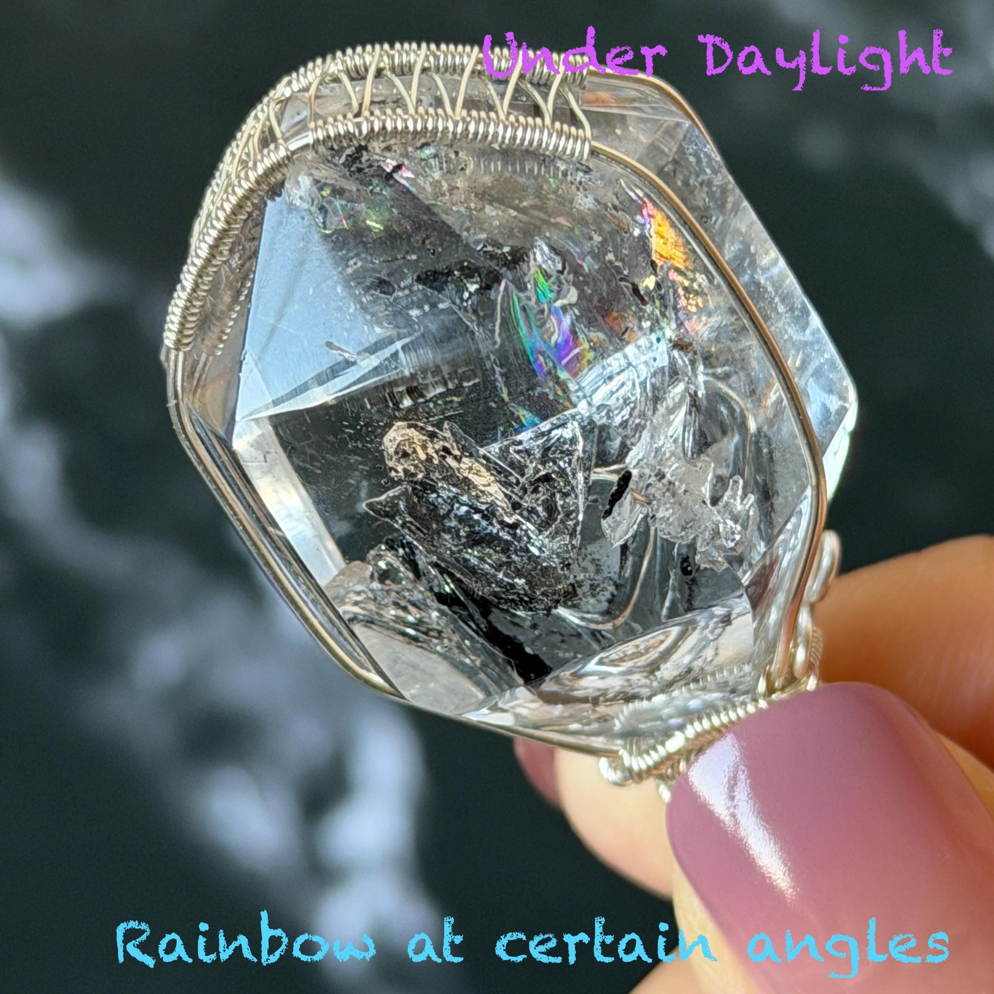 Polished Enhydro Quartz (Herkimer Diamond) Wire Wrapped Pendant Adjustable Necklace: Rainbow Shifting Big Bubble and Moving Sand Waterfall Inclusion Crystal | Natural Gemstone Birthstone Gift for her men necklace chakra crystal purify stone minerals specimen adjustable choker silver pendant inclusion crystal inclusion quartz jewelry rainbow quartz choker necklace enhydro crystal S925 silver pendant minerals specimen