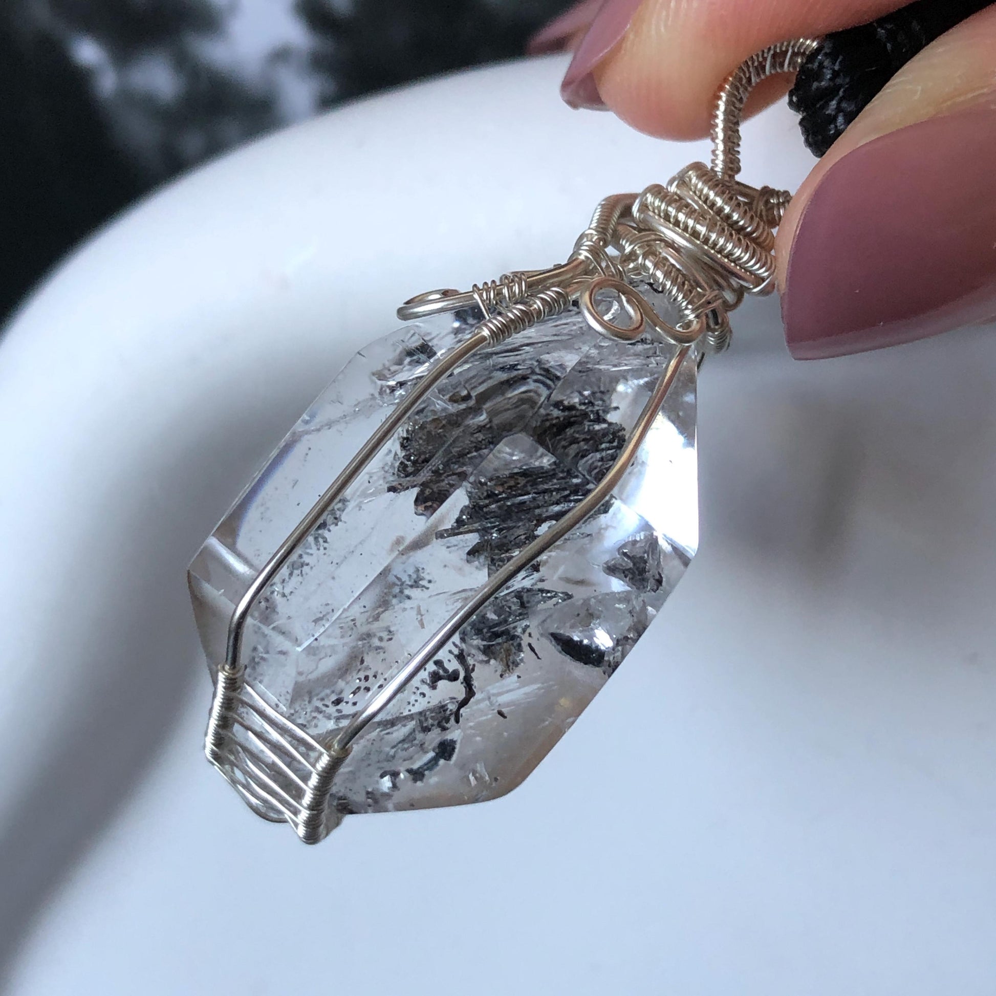 Polished Enhydro Quartz (Herkimer Diamond) Wire Wrapped Pendant Adjustable Necklace: Rainbow Shifting Big Bubble and Moving Sand Waterfall Inclusion Crystal | Natural Gemstone Birthstone Gift for her men necklace chakra crystal purify stone minerals specimen adjustable choker silver pendant inclusion crystal inclusion quartz jewelry rainbow quartz choker necklace enhydro crystal S925 silver pendant minerals specimen