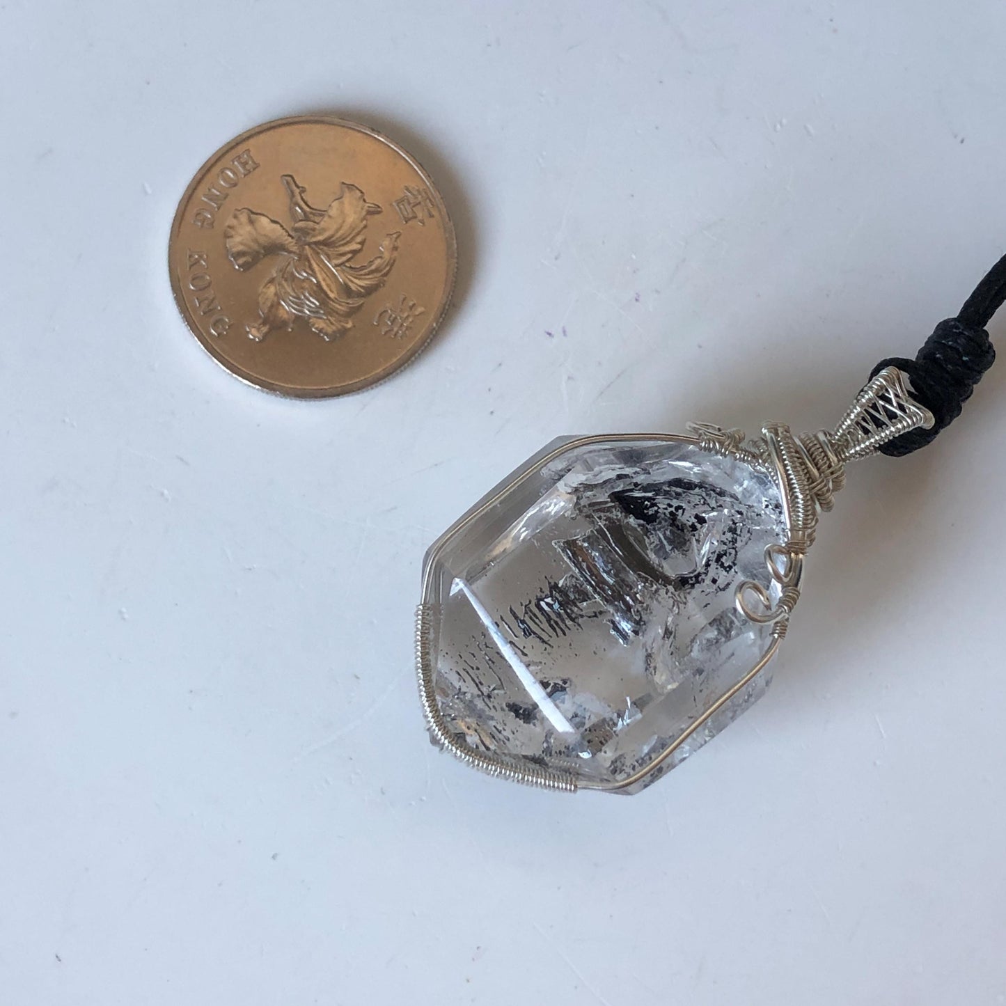 Polished Enhydro Quartz (Herkimer Diamond) Wire Wrapped Pendant Adjustable Necklace: Rainbow Shifting Big Bubble and Moving Sand Waterfall Inclusion Crystal | Natural Gemstone Birthstone Gift for her men necklace chakra crystal purify stone minerals specimen adjustable choker silver pendant inclusion crystal inclusion quartz jewelry rainbow quartz choker necklace enhydro crystal S925 silver pendant minerals specimen