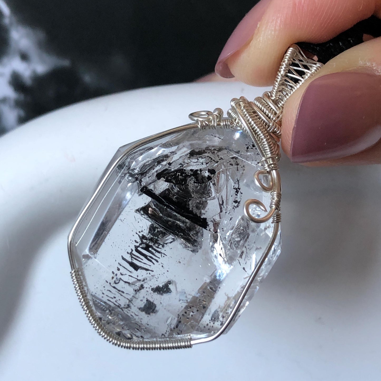 Polished Enhydro Quartz (Herkimer Diamond) Wire Wrapped Pendant Adjustable Necklace: Rainbow Shifting Big Bubble and Moving Sand Waterfall Inclusion Crystal | Natural Gemstone Birthstone Gift for her men necklace chakra crystal purify stone minerals specimen adjustable choker silver pendant inclusion crystal inclusion quartz jewelry rainbow quartz choker necklace enhydro crystal S925 silver pendant minerals specimen