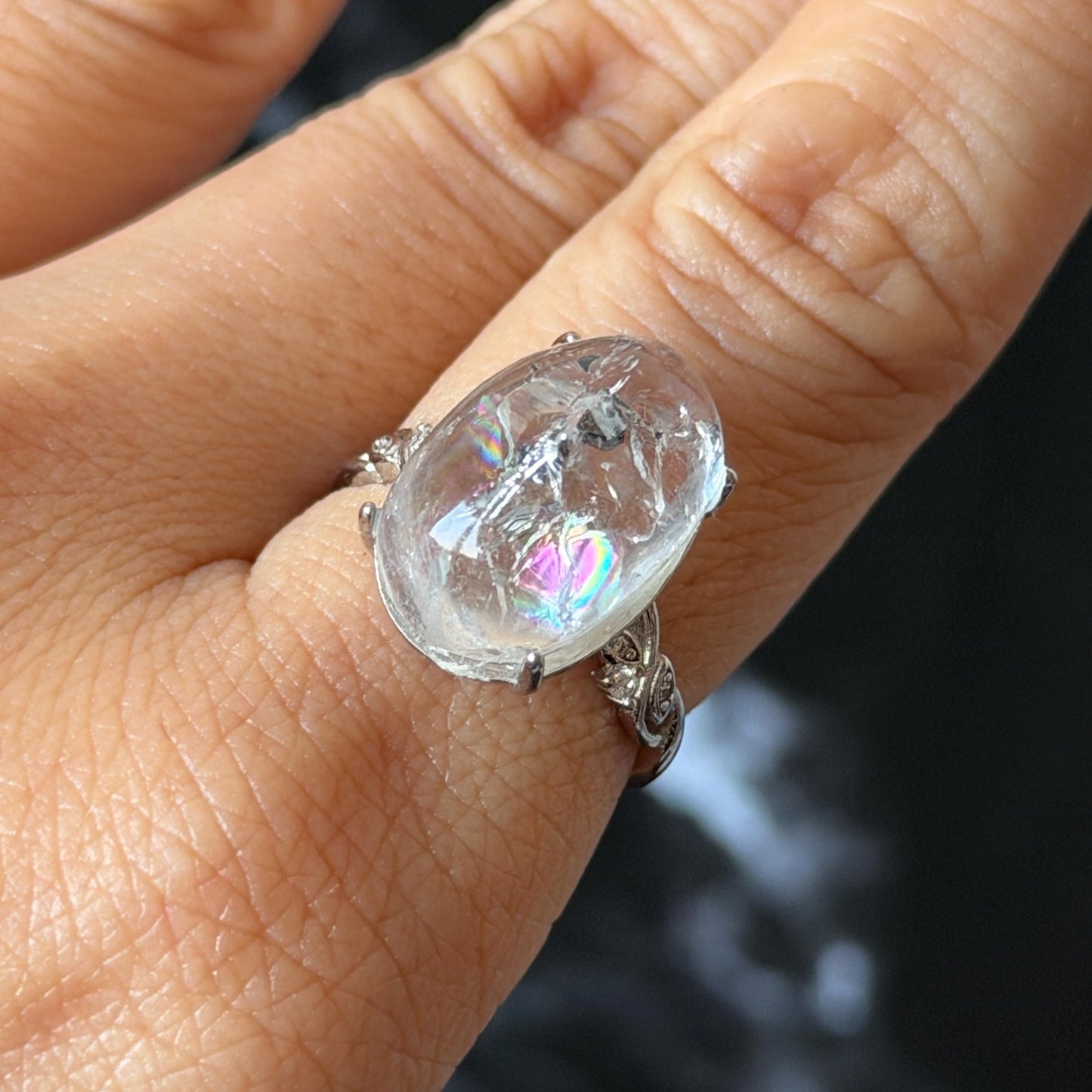 Polished Enhydro Quartz (Herkimer Diamond) S925 Silver Adjustable Ring: Big Rainbow! Moving Sand and Black Bubble Inclusion Crystal Statement Ring for Women ring crystal band ring crystal cocktail ring crystal stackable ring 7 chakra crystal ring meditation crystal healing stone birthstone silver ring ring for men rainbow quartz inclusion quartz inclusion crystal minerals specimen silver ring free size ring adjustable ring holder