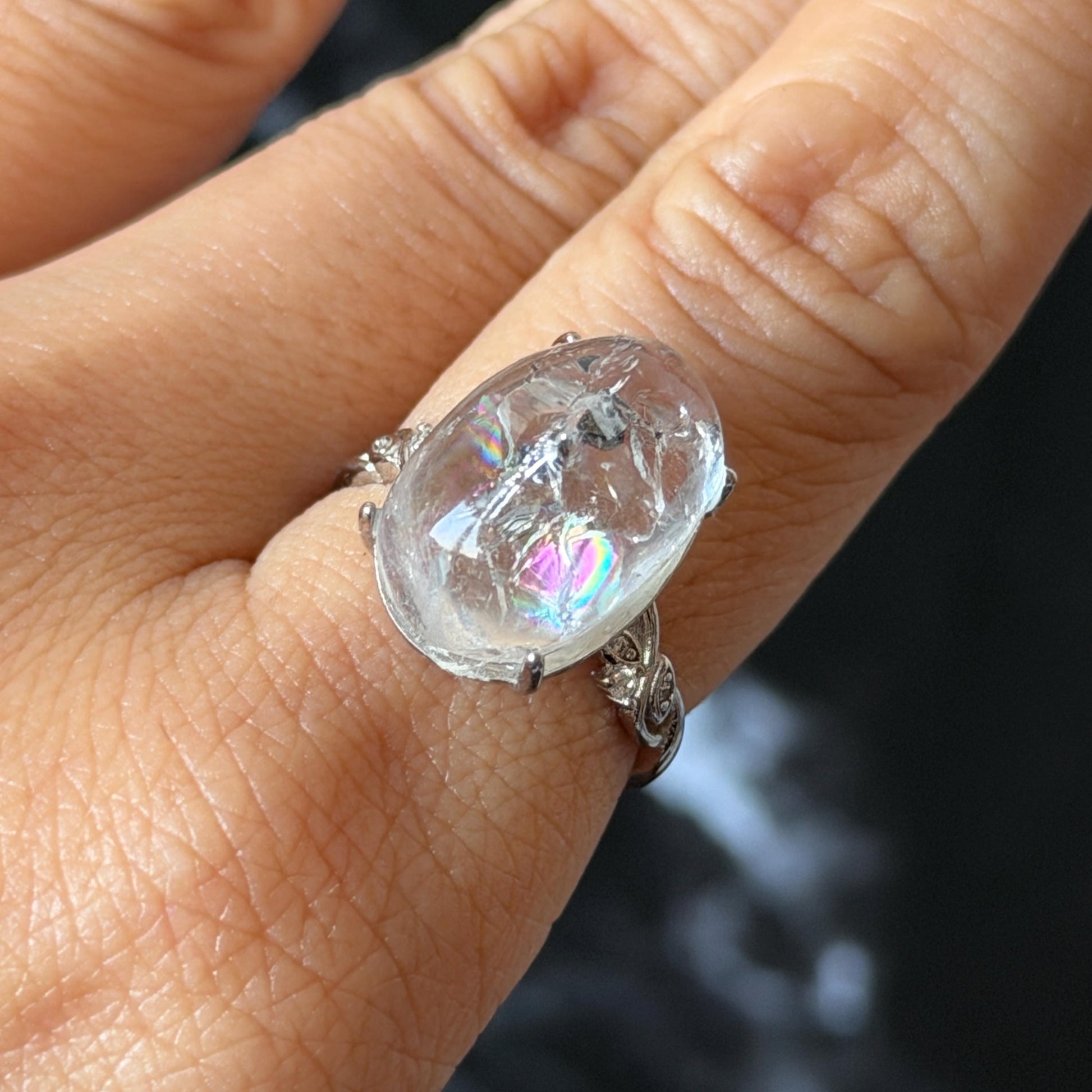 Polished Enhydro Quartz (Herkimer Diamond) S925 Silver Adjustable Ring: Big Rainbow! Moving Sand and Black Bubble Inclusion Crystal Statement Ring for Women ring crystal band ring crystal cocktail ring crystal stackable ring 7 chakra crystal ring meditation crystal healing stone birthstone silver ring ring for men rainbow quartz inclusion quartz inclusion crystal minerals specimen silver ring free size ring adjustable ring holder