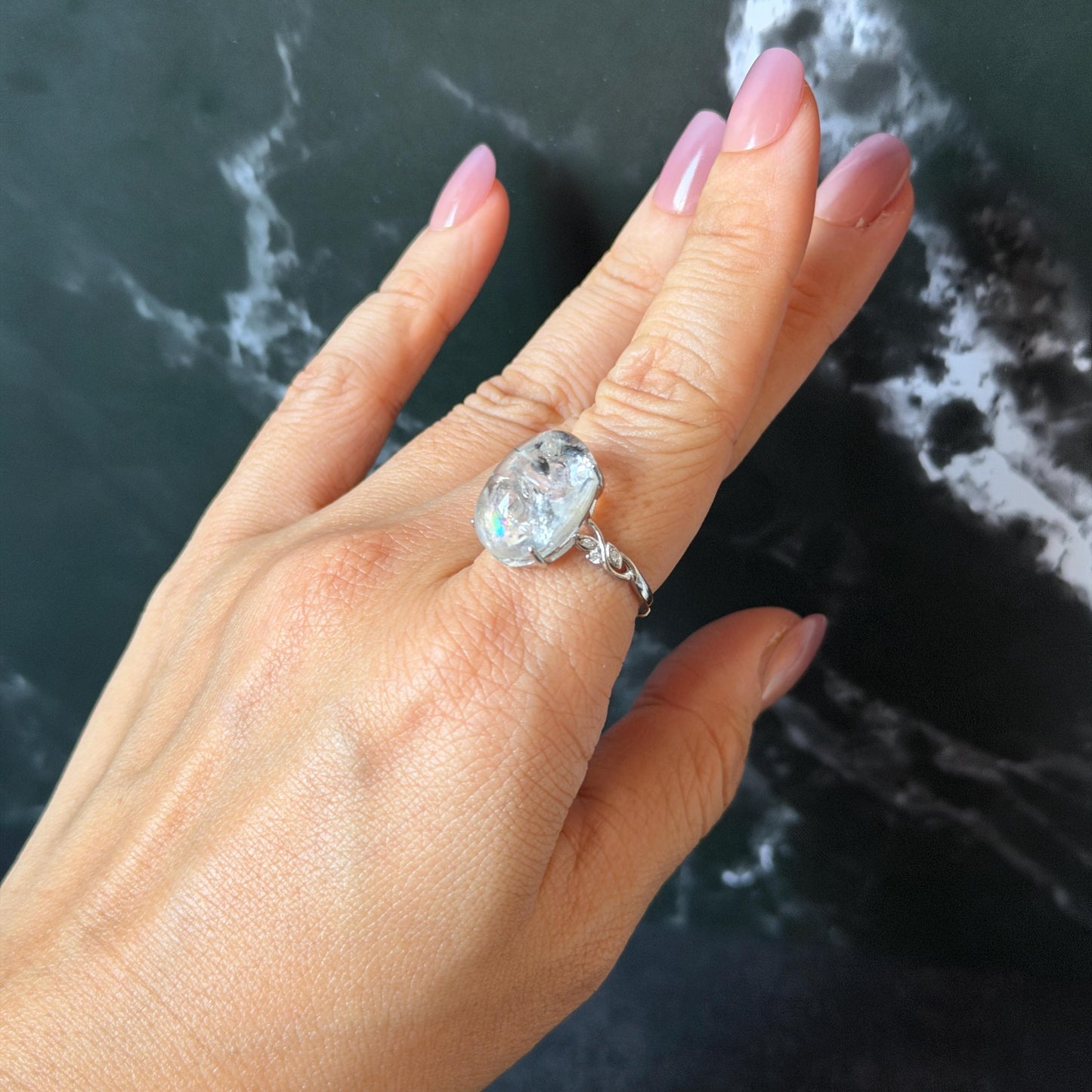 Polished Enhydro Quartz (Herkimer Diamond) S925 Silver Adjustable Ring: Big Rainbow! Moving Sand and Black Bubble Inclusion Crystal Statement Ring for Women ring crystal band ring crystal cocktail ring crystal stackable ring 7 chakra crystal ring meditation crystal healing stone birthstone silver ring ring for men rainbow quartz inclusion quartz inclusion crystal minerals specimen silver ring free size ring adjustable ring holder