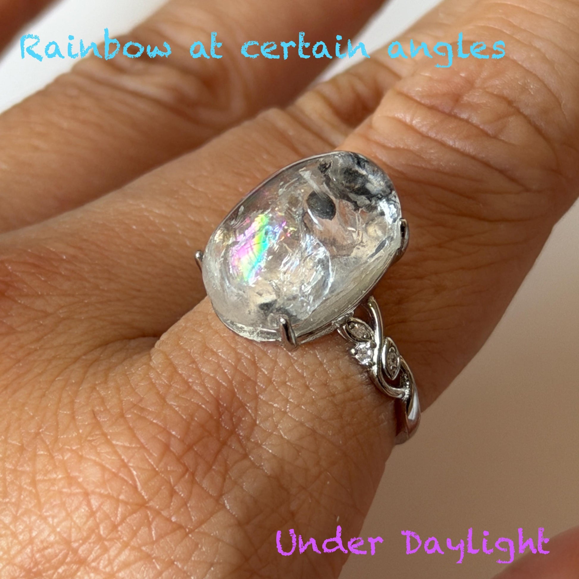 Polished Enhydro Quartz (Herkimer Diamond) S925 Silver Adjustable Ring: Big Rainbow! Moving Sand and Black Bubble Inclusion Crystal Statement Ring for Women ring crystal band ring crystal cocktail ring crystal stackable ring 7 chakra crystal ring meditation crystal healing stone birthstone silver ring ring for men rainbow quartz inclusion quartz inclusion crystal minerals specimen silver ring free size ring adjustable ring holder