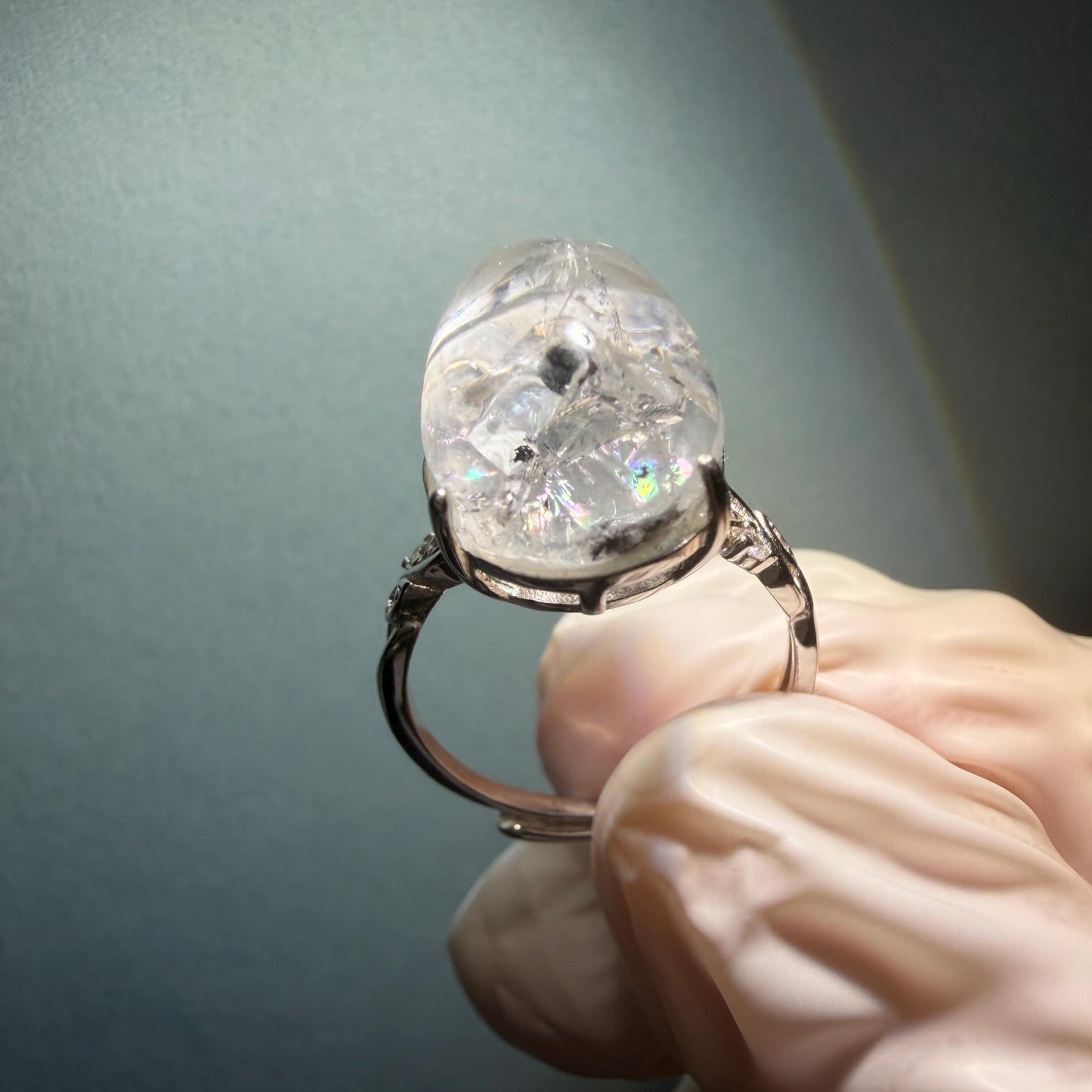Polished Enhydro Quartz (Herkimer Diamond) S925 Silver Adjustable Ring: Big Rainbow! Moving Sand and Black Bubble Inclusion Crystal Statement Ring for Women ring crystal band ring crystal cocktail ring crystal stackable ring 7 chakra crystal ring meditation crystal healing stone birthstone silver ring ring for men rainbow quartz inclusion quartz inclusion crystal minerals specimen silver ring free size ring adjustable ring holder