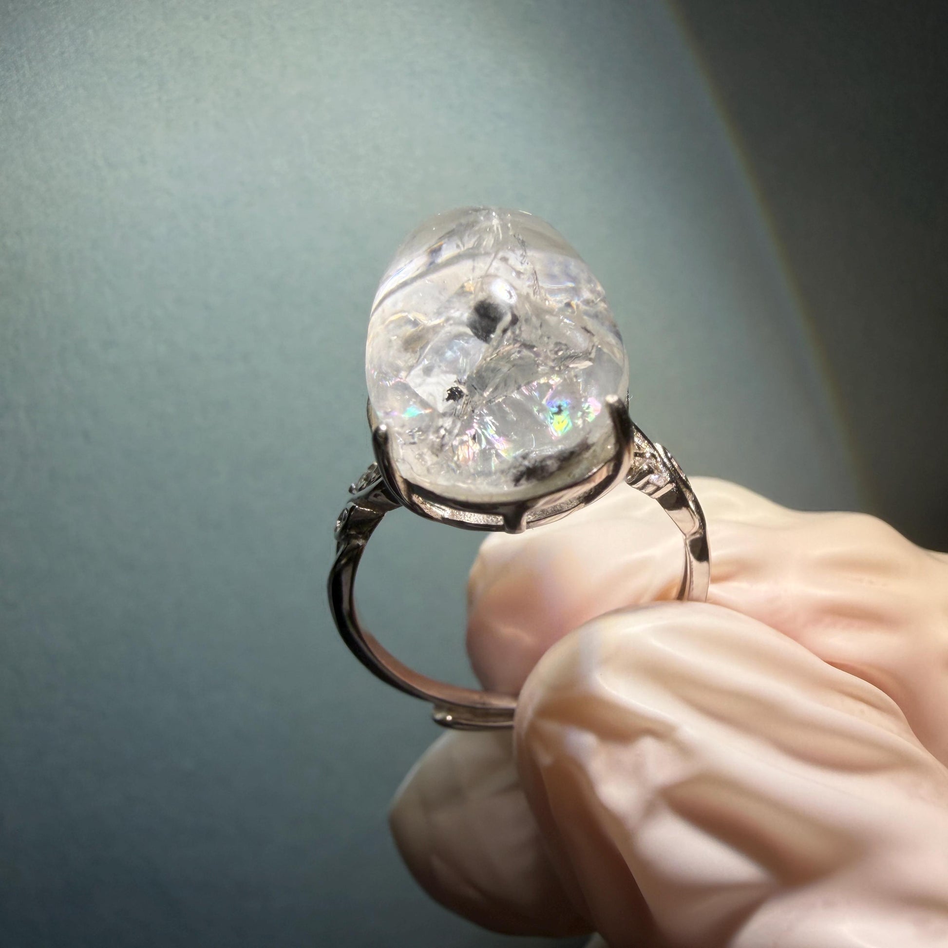 Polished Enhydro Quartz (Herkimer Diamond) S925 Silver Adjustable Ring: Big Rainbow! Moving Sand and Black Bubble Inclusion Crystal Statement Ring for Women ring crystal band ring crystal cocktail ring crystal stackable ring 7 chakra crystal ring meditation crystal healing stone birthstone silver ring ring for men rainbow quartz inclusion quartz inclusion crystal minerals specimen silver ring free size ring adjustable ring holder