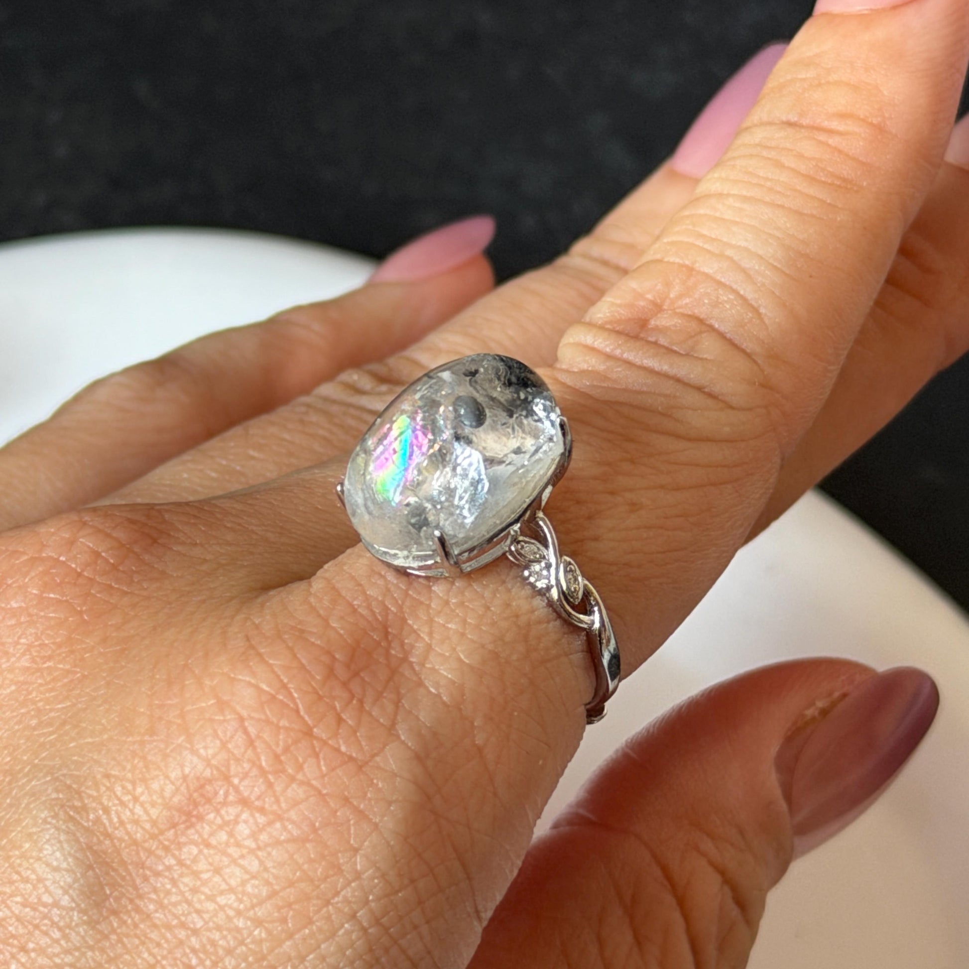 Polished Enhydro Quartz (Herkimer Diamond) S925 Silver Adjustable Ring: Big Rainbow! Moving Sand and Black Bubble Inclusion Crystal Statement Ring for Women ring crystal band ring crystal cocktail ring crystal stackable ring 7 chakra crystal ring meditation crystal healing stone birthstone silver ring ring for men rainbow quartz inclusion quartz inclusion crystal minerals specimen silver ring free size ring adjustable ring holder