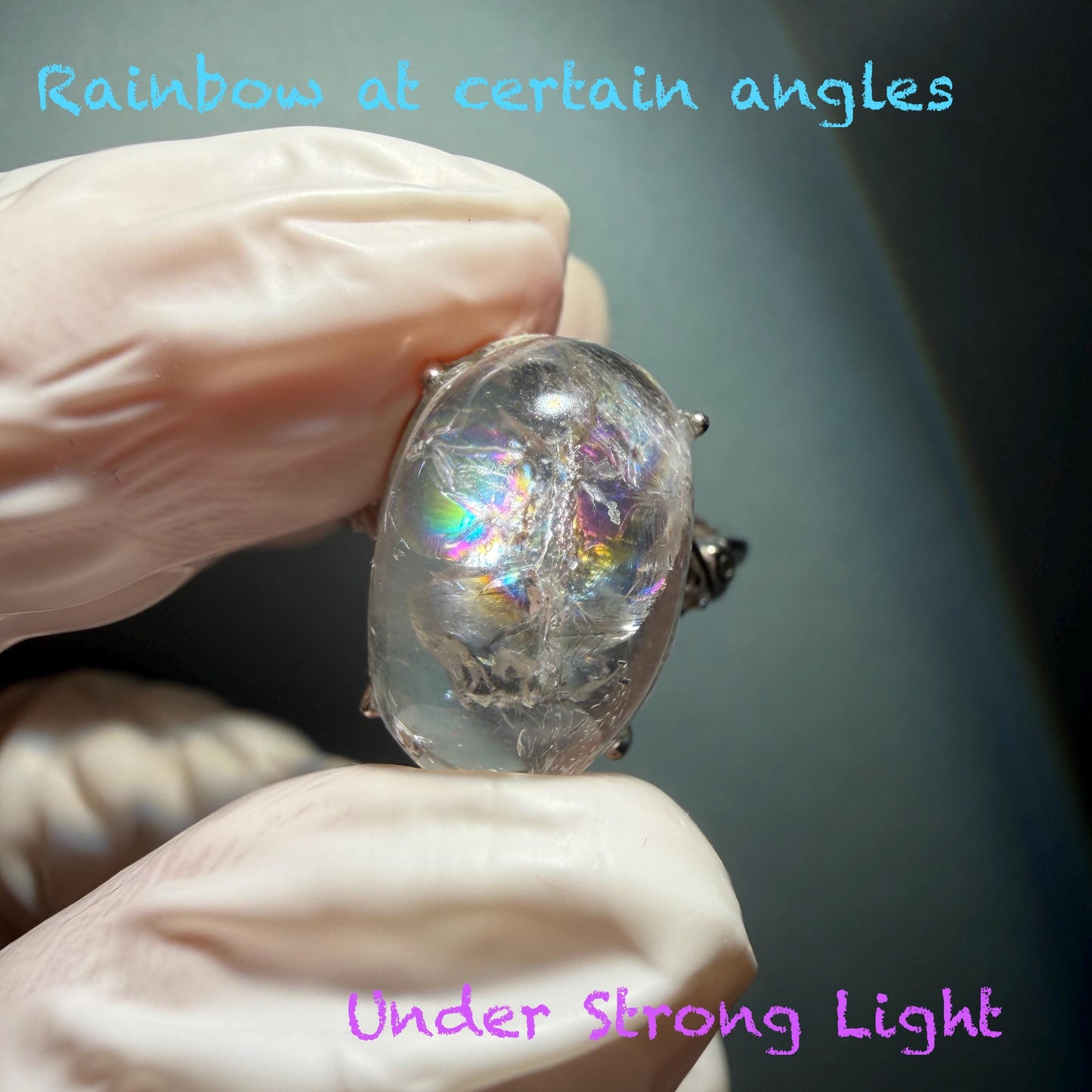 Polished Enhydro Quartz (Herkimer Diamond) S925 Silver Adjustable Ring: Big Rainbow! Moving Sand and Black Bubble Inclusion Crystal Statement Ring for Women ring crystal band ring crystal cocktail ring crystal stackable ring 7 chakra crystal ring meditation crystal healing stone birthstone silver ring ring for men rainbow quartz inclusion quartz inclusion crystal minerals specimen silver ring free size ring adjustable ring holder