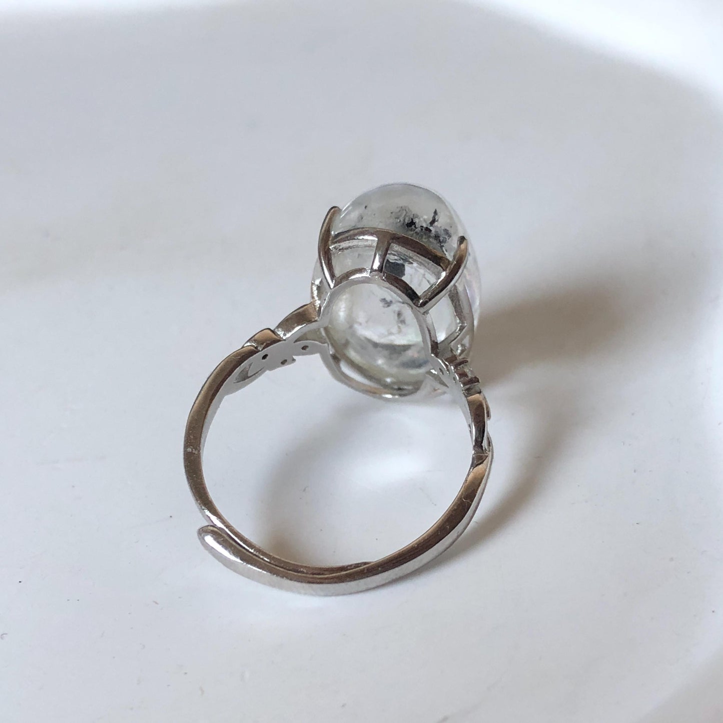 Polished Enhydro Quartz (Herkimer Diamond) S925 Silver Adjustable Ring: Big Rainbow! Moving Sand and Black Bubble Inclusion Crystal Statement Ring for Women ring crystal band ring crystal cocktail ring crystal stackable ring 7 chakra crystal ring meditation crystal healing stone birthstone silver ring ring for men rainbow quartz inclusion quartz inclusion crystal minerals specimen silver ring free size ring adjustable ring holder