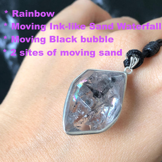 Rare Polished Enhydro Quartz (Herkimer Diamond) Small S925 Silver Pendant Necklace Choker: Rainbow! Moving Ink-like Fine Sand Waterfall