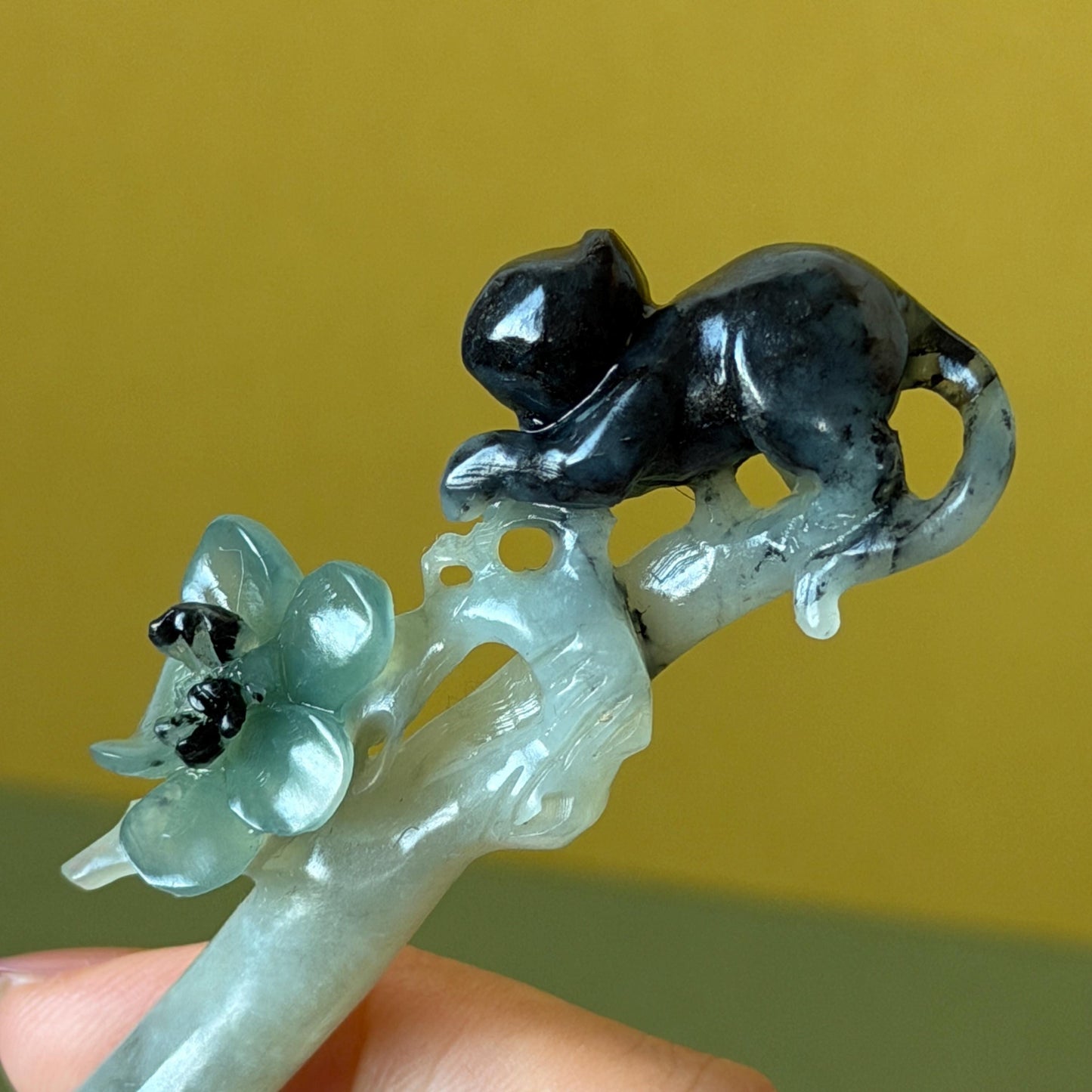 Xiu Jade Serpentine Hand Carved Cat Kitten with Butterfly Hair Pin | Natural Certified Yellow & Blue Jade Handcrafted Flower Hair Stick | Cat Lover Gift for her blue jade yellow jade brown jade carving frosty blue jade sky blue jade cat carving kitten carving hand engraved cat hair stick hand carved kitten hairpins japanese hair clip korean hair fork vintage hair comb hanfu hair pins untreated jade with certificate butterfly carving butterfly hair stick flower carving 3D stone carving