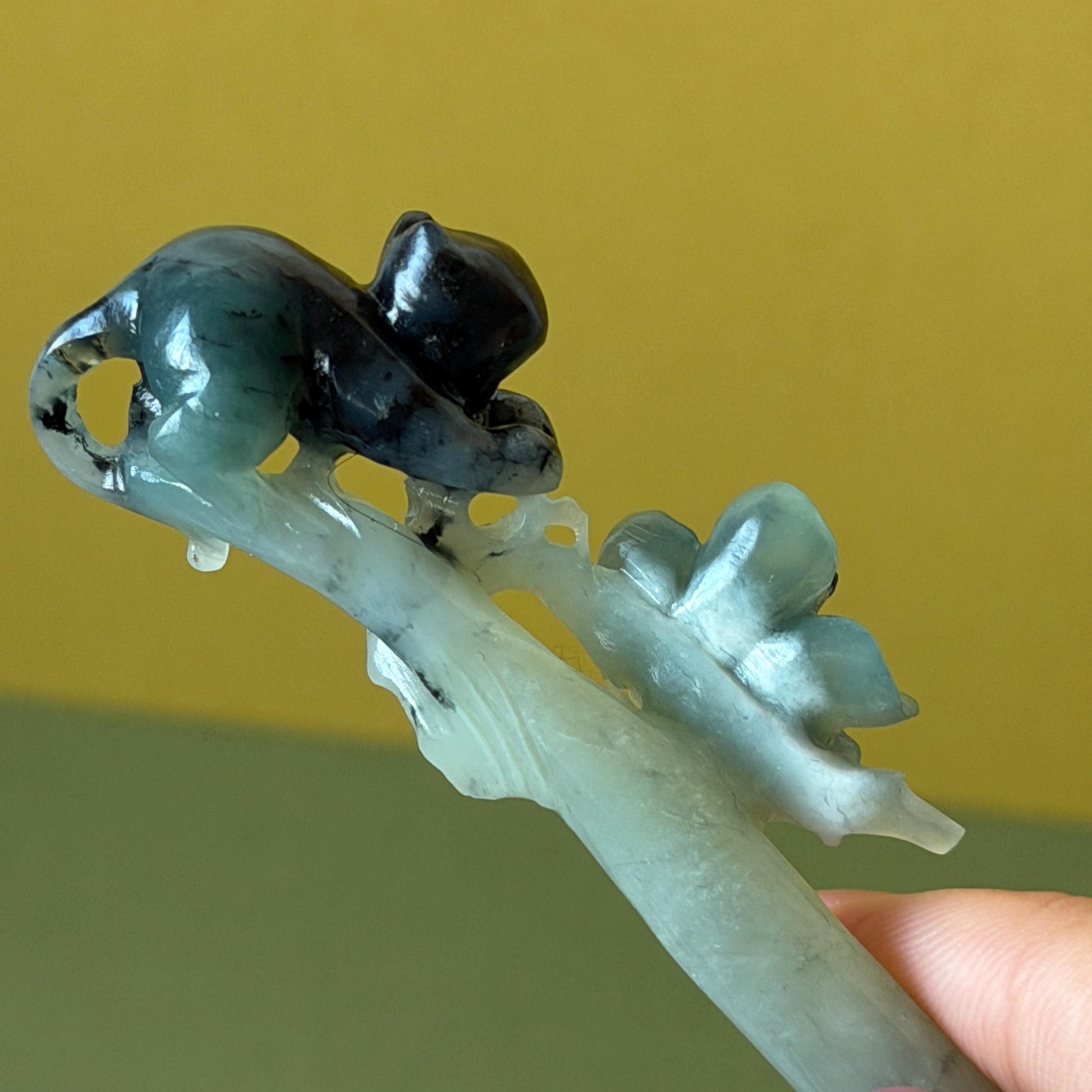 Xiu Jade Serpentine Hand Carved Cat Kitten with Butterfly Hair Pin | Natural Certified Yellow & Blue Jade Handcrafted Flower Hair Stick | Cat Lover Gift for her blue jade yellow jade brown jade carving frosty blue jade sky blue jade cat carving kitten carving hand engraved cat hair stick hand carved kitten hairpins japanese hair clip korean hair fork vintage hair comb hanfu hair pins untreated jade with certificate butterfly carving butterfly hair stick flower carving 3D stone carving