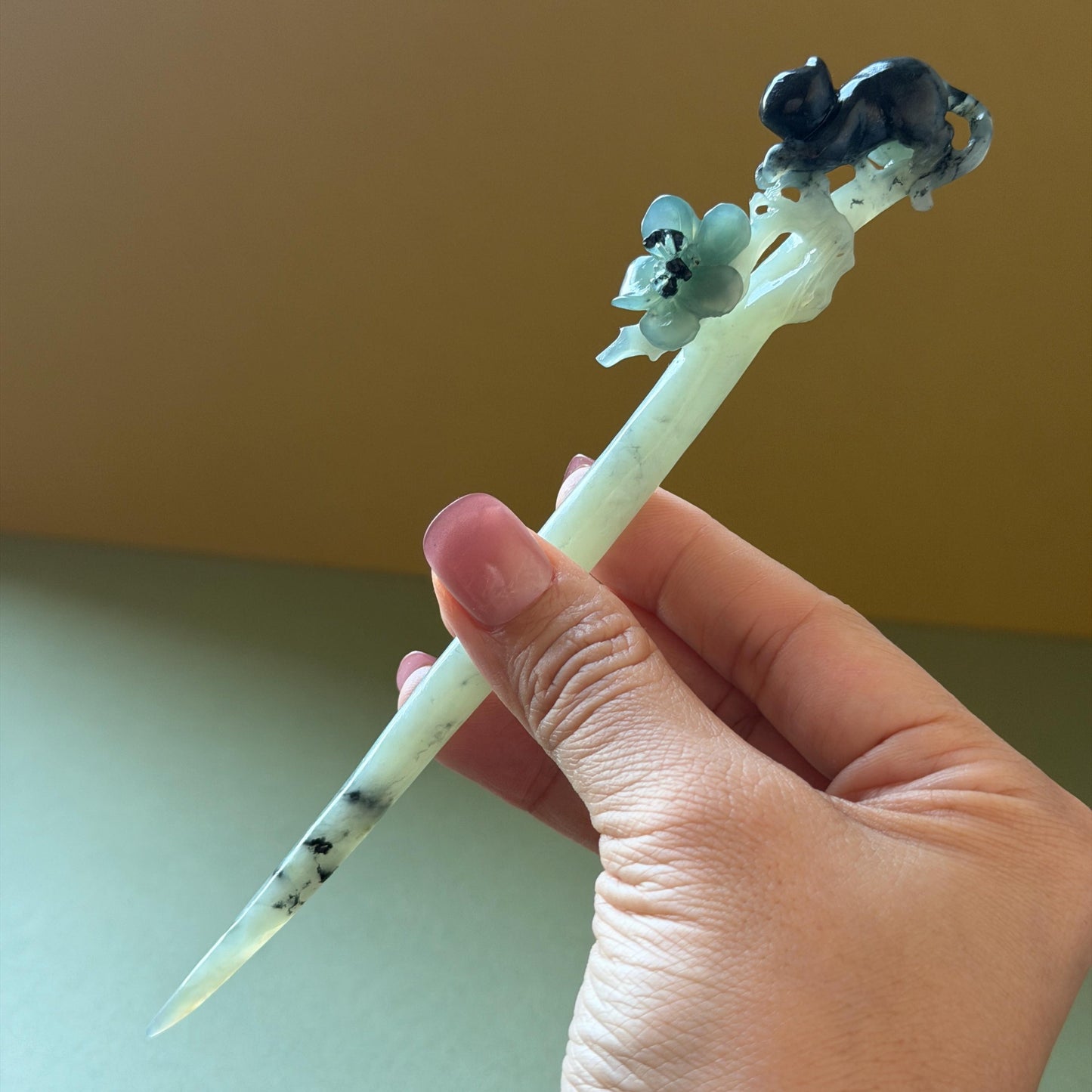 Xiu Jade Serpentine Hand Carved Cat Kitten with Butterfly Hair Pin | Natural Certified Yellow & Blue Jade Handcrafted Flower Hair Stick | Cat Lover Gift for her blue jade yellow jade brown jade carving frosty blue jade sky blue jade cat carving kitten carving hand engraved cat hair stick hand carved kitten hairpins japanese hair clip korean hair fork vintage hair comb hanfu hair pins untreated jade with certificate butterfly carving butterfly hair stick flower carving 3D stone carving