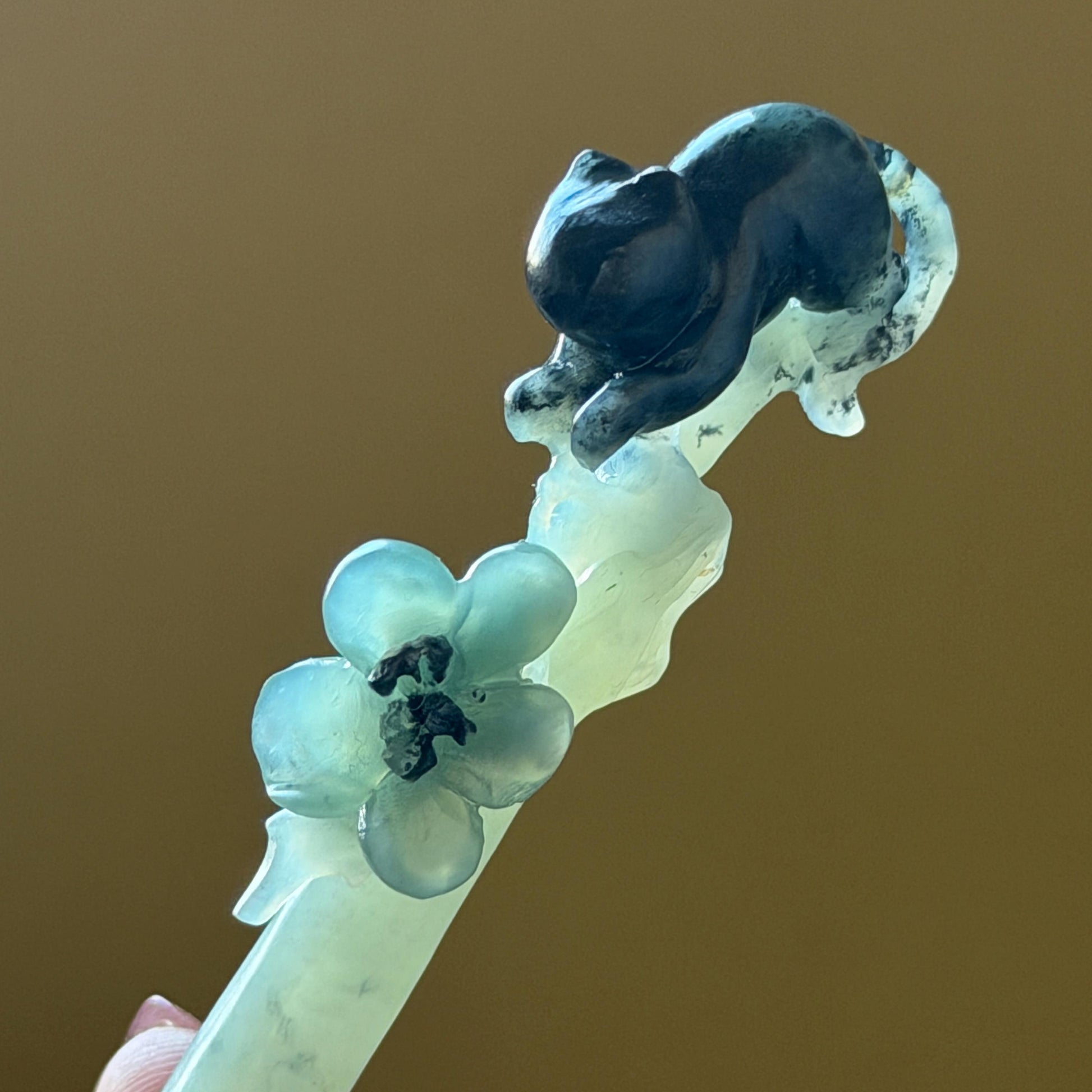 Xiu Jade Serpentine Hand Carved Cat Kitten with Butterfly Hair Pin | Natural Certified Yellow & Blue Jade Handcrafted Flower Hair Stick | Cat Lover Gift for her blue jade yellow jade brown jade carving frosty blue jade sky blue jade cat carving kitten carving hand engraved cat hair stick hand carved kitten hairpins japanese hair clip korean hair fork vintage hair comb hanfu hair pins untreated jade with certificate butterfly carving butterfly hair stick flower carving 3D stone carving