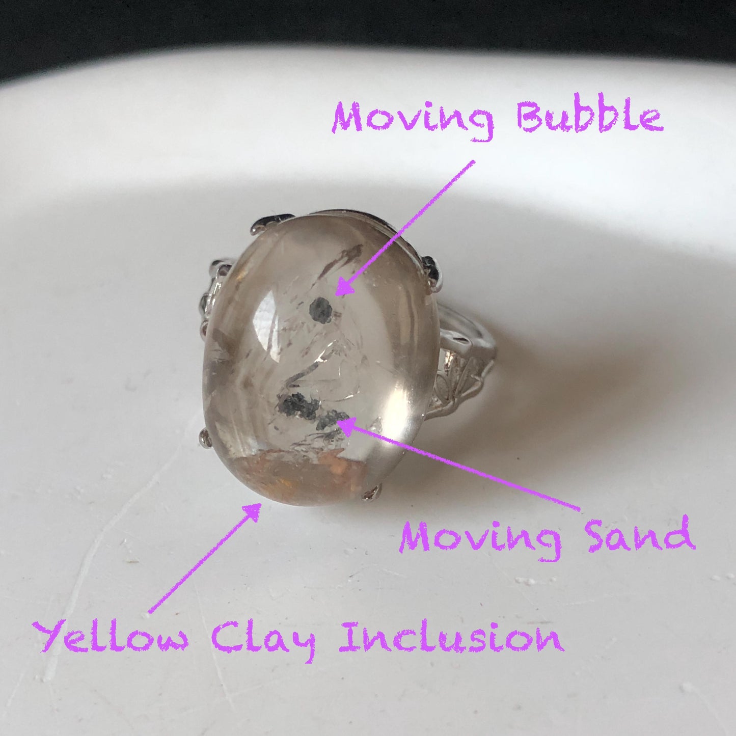 Polished Smoky Enhydro Quartz (Herkimer Diamond) S925 Silver Adjustable Ring: Mild Rainbow Moving Sand, Black Bubble, yellow clay Inclusion Crystal Statement Ring for Women  ring crystal band ring crystal cocktail ring crystal stackable ring 7 chakra crystal ring meditation crystal healing stone birthstone silver ring ring for men rainbow quartz inclusion quartz inclusion crystal minerals specimen silver ring free size ring adjustable ring holder