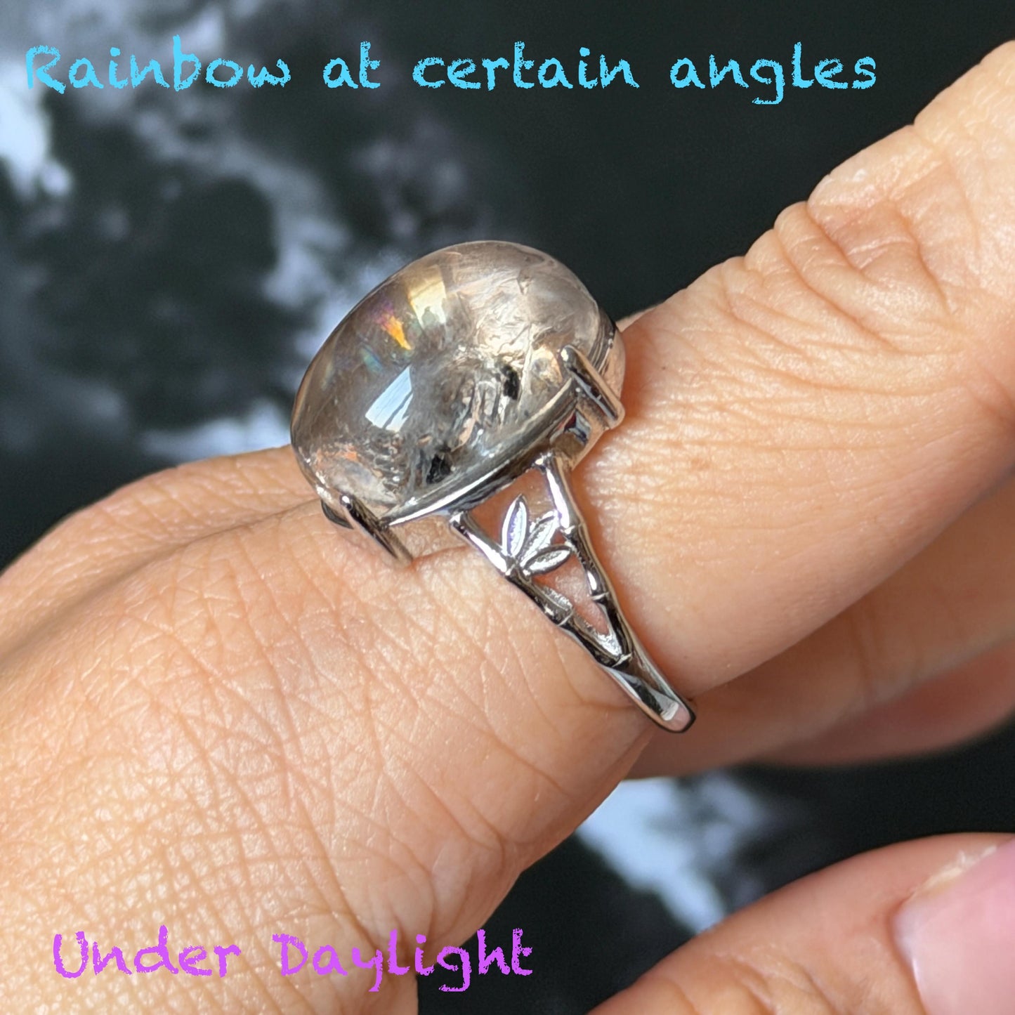 Polished Smoky Enhydro Quartz (Herkimer Diamond) S925 Silver Adjustable Ring: Mild Rainbow Moving Sand, Black Bubble, yellow clay Inclusion Crystal Statement Ring for Women  ring crystal band ring crystal cocktail ring crystal stackable ring 7 chakra crystal ring meditation crystal healing stone birthstone silver ring ring for men rainbow quartz inclusion quartz inclusion crystal minerals specimen silver ring free size ring adjustable ring holder