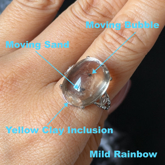 Polished Smoky Enhydro Quartz (Herkimer Diamond) S925 Silver Adjustable Ring: Mild Rainbow Moving Sand, Black Bubble, yellow clay Inclusion Crystal Statement Ring for Women  ring crystal band ring crystal cocktail ring crystal stackable ring 7 chakra crystal ring meditation crystal healing stone birthstone silver ring ring for men rainbow quartz inclusion quartz inclusion crystal minerals specimen silver ring free size ring adjustable ring holder