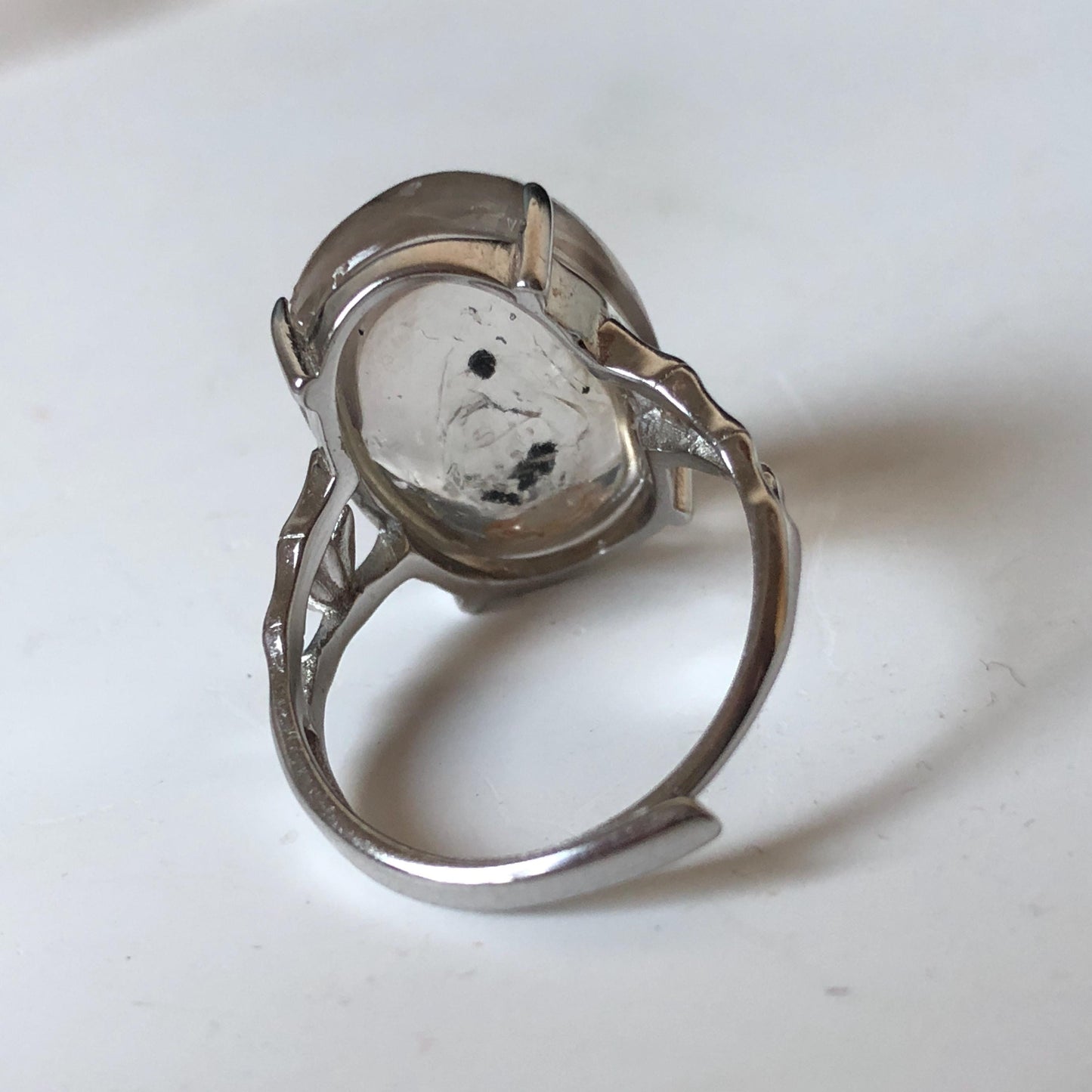 Polished Smoky Enhydro Quartz (Herkimer Diamond) S925 Silver Adjustable Ring: Mild Rainbow Moving Sand, Black Bubble, yellow clay Inclusion Crystal Statement Ring for Women  ring crystal band ring crystal cocktail ring crystal stackable ring 7 chakra crystal ring meditation crystal healing stone birthstone silver ring ring for men rainbow quartz inclusion quartz inclusion crystal minerals specimen silver ring free size ring adjustable ring holder