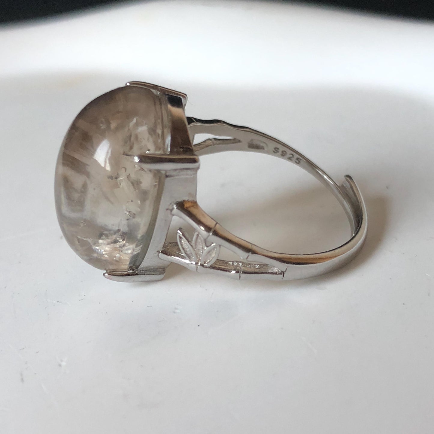 Polished Smoky Enhydro Quartz (Herkimer Diamond) S925 Silver Adjustable Ring: Mild Rainbow Moving Sand, Black Bubble, yellow clay Inclusion Crystal Statement Ring for Women  ring crystal band ring crystal cocktail ring crystal stackable ring 7 chakra crystal ring meditation crystal healing stone birthstone silver ring ring for men rainbow quartz inclusion quartz inclusion crystal minerals specimen silver ring free size ring adjustable ring holder