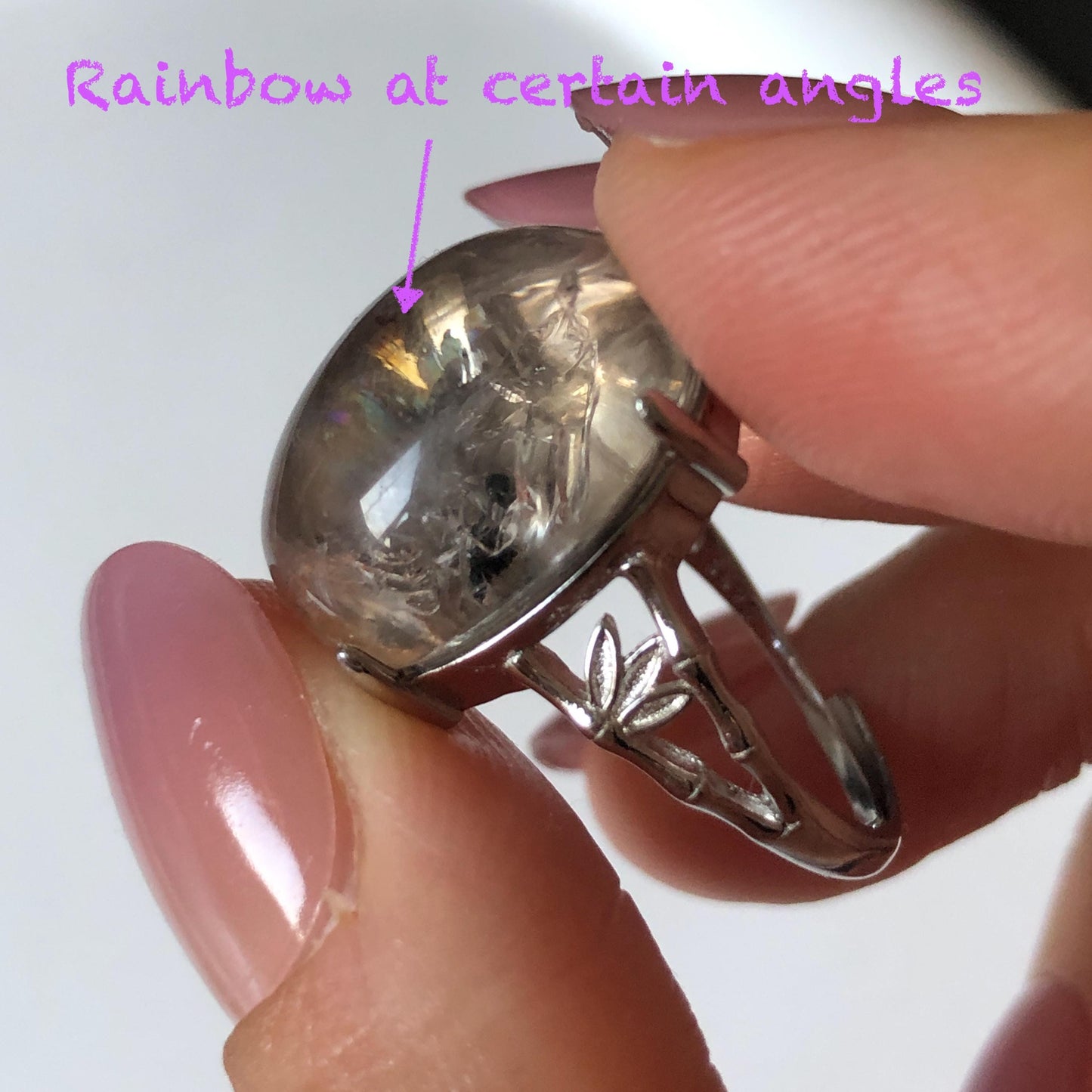 Polished Smoky Enhydro Quartz (Herkimer Diamond) S925 Silver Adjustable Ring: Mild Rainbow Moving Sand, Black Bubble, yellow clay Inclusion Crystal Statement Ring for Women  ring crystal band ring crystal cocktail ring crystal stackable ring 7 chakra crystal ring meditation crystal healing stone birthstone silver ring ring for men rainbow quartz inclusion quartz inclusion crystal minerals specimen silver ring free size ring adjustable ring holder