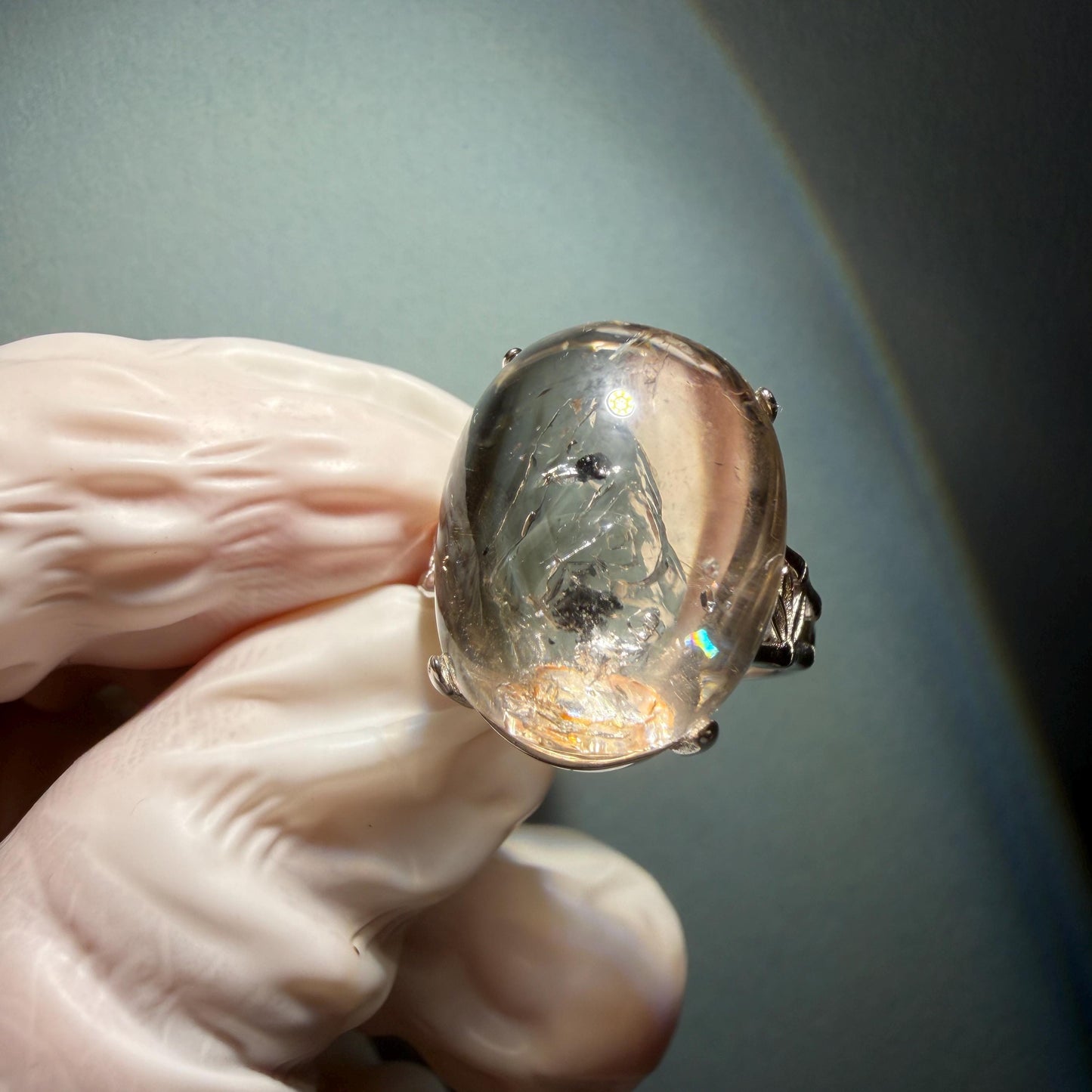 Polished Smoky Enhydro Quartz (Herkimer Diamond) S925 Silver Adjustable Ring: Mild Rainbow Moving Sand, Black Bubble, yellow clay Inclusion Crystal Statement Ring for Women  ring crystal band ring crystal cocktail ring crystal stackable ring 7 chakra crystal ring meditation crystal healing stone birthstone silver ring ring for men rainbow quartz inclusion quartz inclusion crystal minerals specimen silver ring free size ring adjustable ring holder