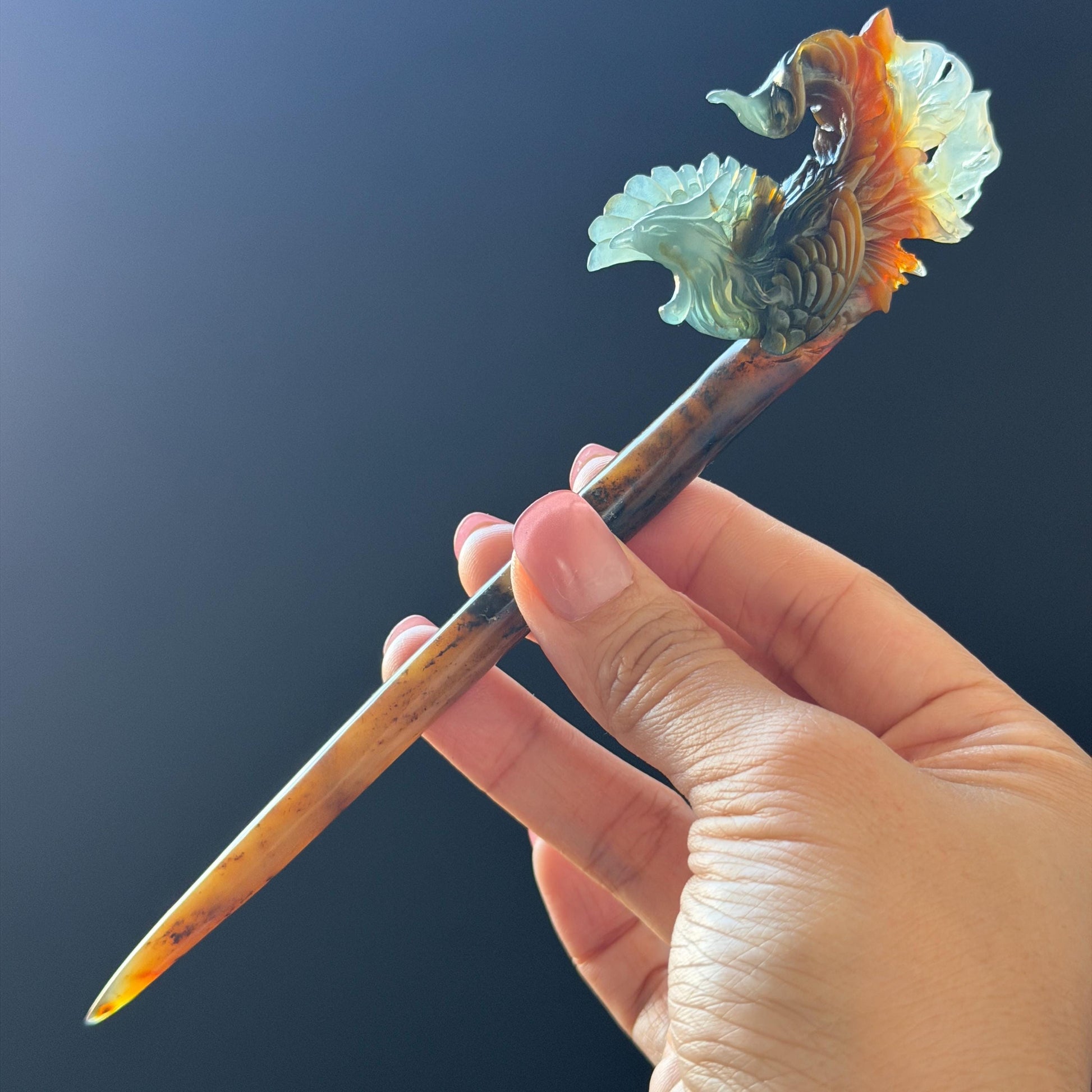 Xiu Jade (Serpentine) Hand Carved Phoenix Hair Pin: Natural Multi-coloured Brown, White, Blue Jade Hair Stick, 3D stone carving | Asian Chinese Vintage Hanfu Hair Fork gift for her blue jade green jade brown jade white jade multi color jade carving phoenix carving  certified natural jade untreated jade with certificate chinese hairpins japanese hair pins korean hair stick hanfu hair comb antique hair fork wedding headpiece