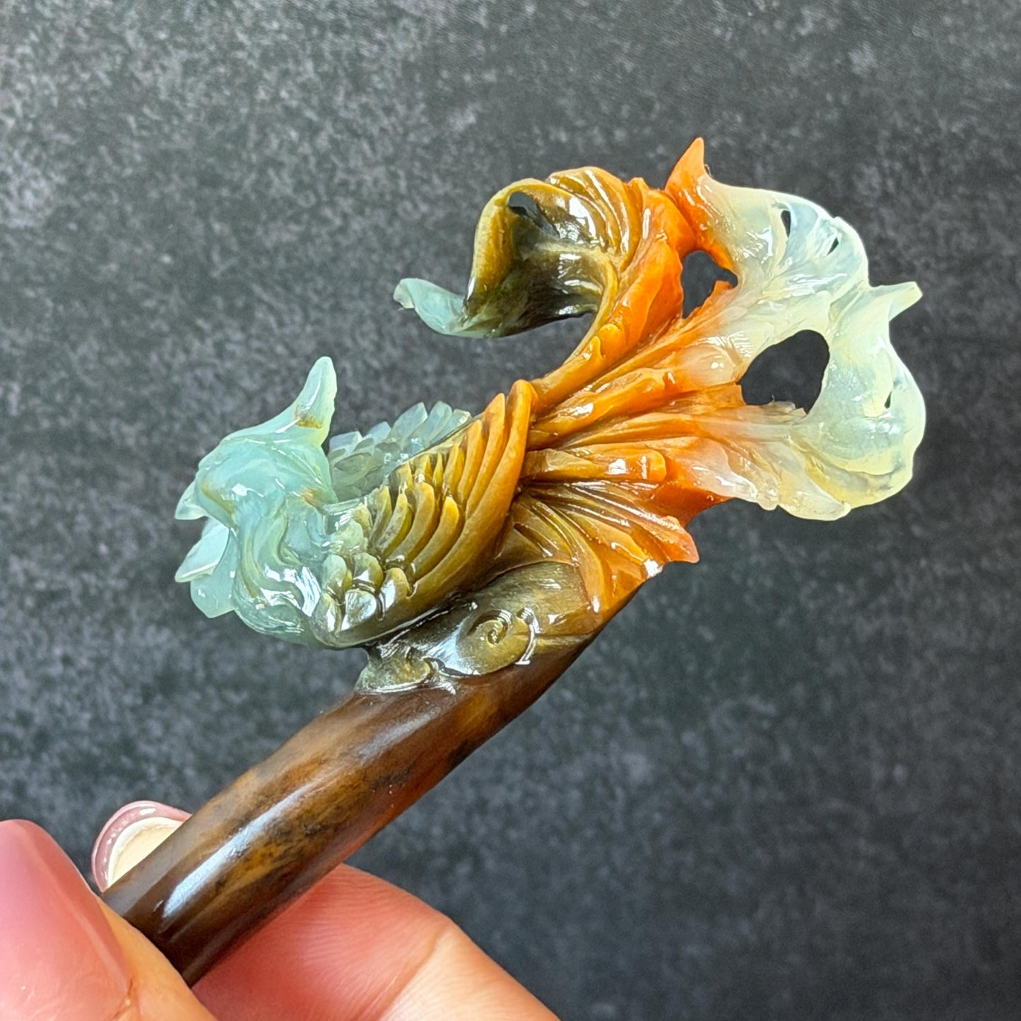 Xiu Jade (Serpentine) Hand Carved Phoenix Hair Pin: Natural Multi-coloured Brown, White, Blue Jade Hair Stick, 3D stone carving | Asian Chinese Vintage Hanfu Hair Fork gift for her blue jade green jade brown jade white jade multi color jade carving phoenix carving  certified natural jade untreated jade with certificate chinese hairpins japanese hair pins korean hair stick hanfu hair comb antique hair fork wedding headpiece