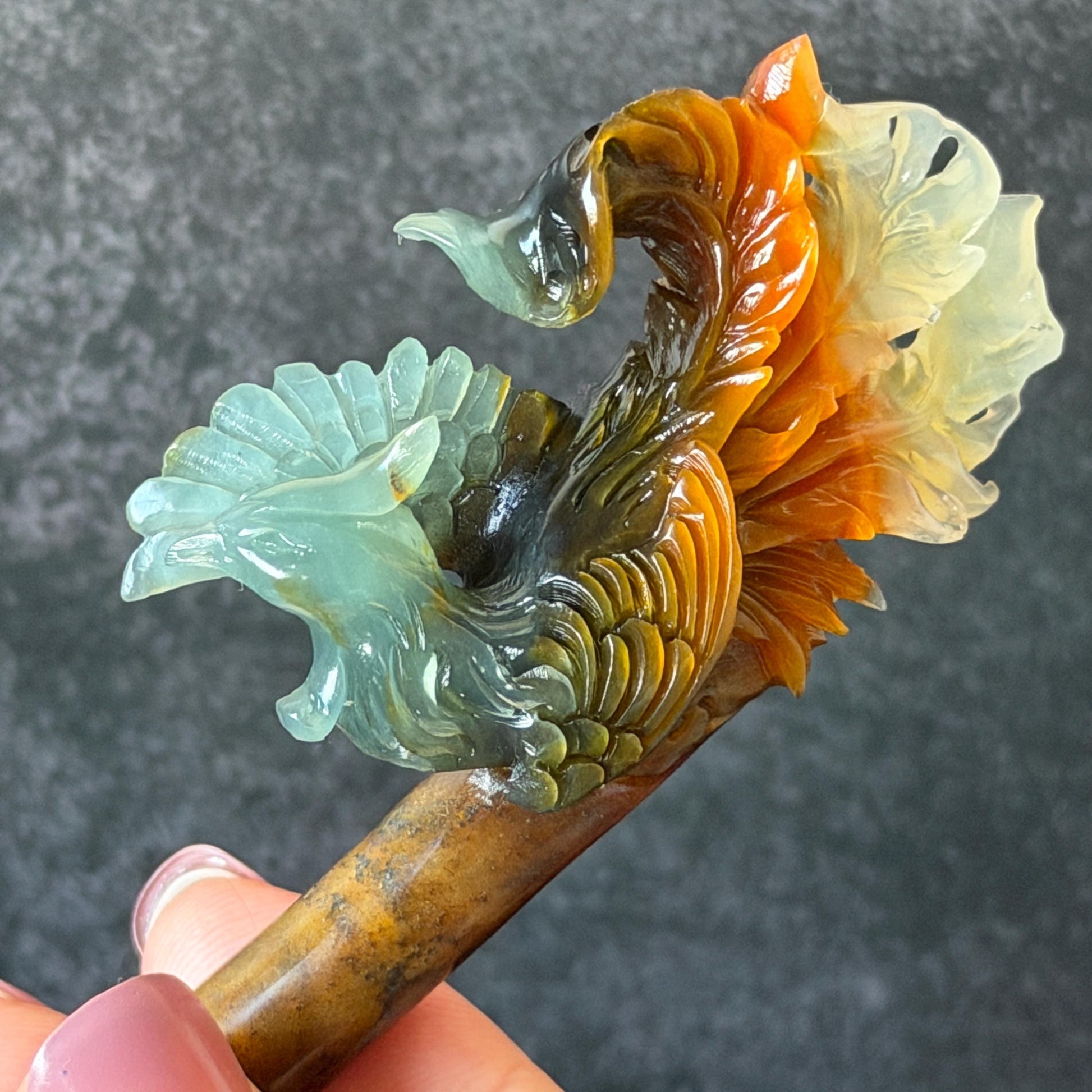 Xiu Jade (Serpentine) Hand Carved Phoenix Hair Pin: Natural Multi-coloured Brown, White, Blue Jade Hair Stick, 3D stone carving | Asian Chinese Vintage Hanfu Hair Fork gift for her blue jade green jade brown jade white jade multi color jade carving phoenix carving  certified natural jade untreated jade with certificate chinese hairpins japanese hair pins korean hair stick hanfu hair comb antique hair fork wedding headpiece