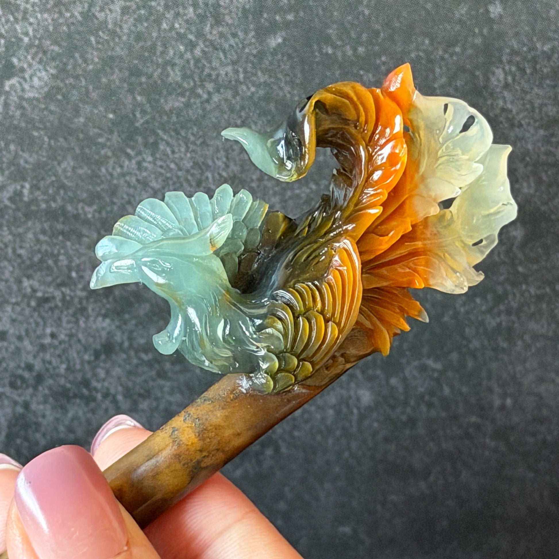 Xiu Jade (Serpentine) Hand Carved Phoenix Hair Pin: Natural Multi-coloured Brown, White, Blue Jade Hair Stick, 3D stone carving | Asian Chinese Vintage Hanfu Hair Fork gift for her blue jade green jade brown jade white jade multi color jade carving phoenix carving  certified natural jade untreated jade with certificate chinese hairpins japanese hair pins korean hair stick hanfu hair comb antique hair fork wedding headpiece