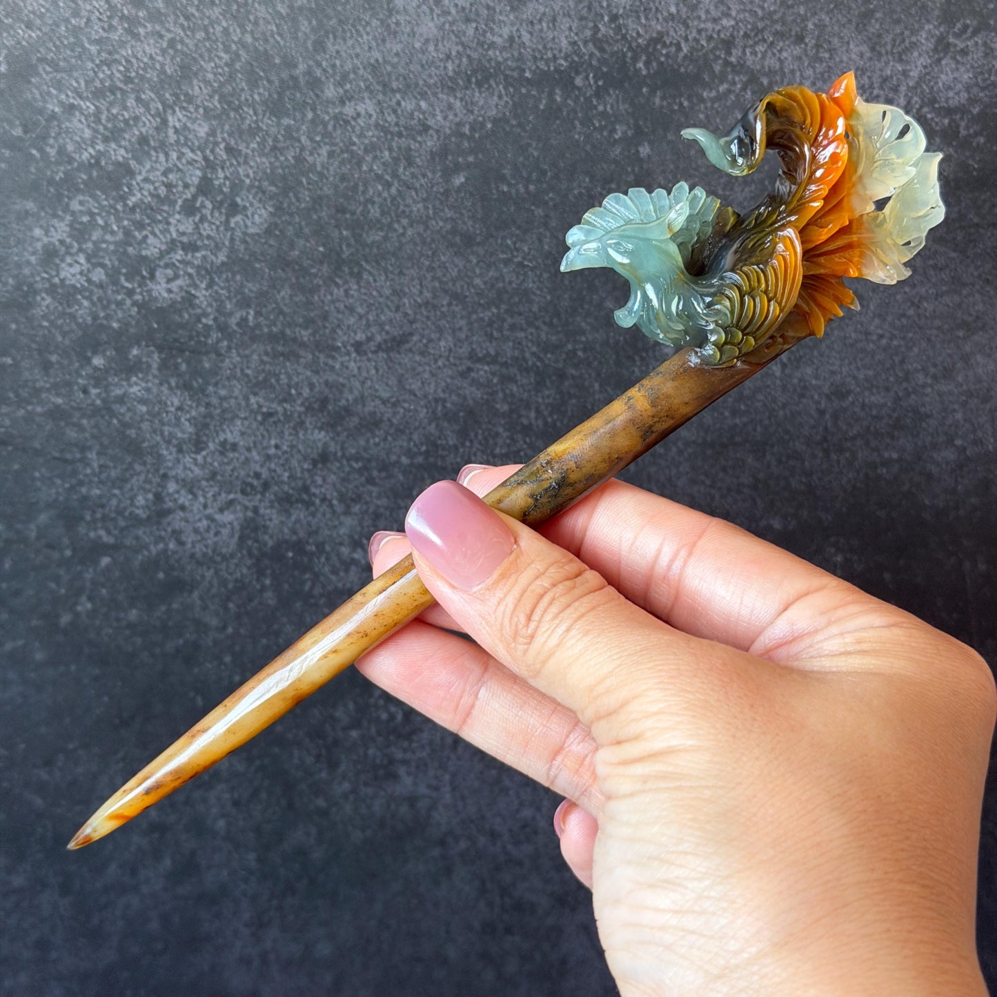 Xiu Jade (Serpentine) Hand Carved Phoenix Hair Pin: Natural Multi-coloured Brown, White, Blue Jade Hair Stick, 3D stone carving | Asian Chinese Vintage Hanfu Hair Fork gift for her blue jade green jade brown jade white jade multi color jade carving phoenix carving  certified natural jade untreated jade with certificate chinese hairpins japanese hair pins korean hair stick hanfu hair comb antique hair fork wedding headpiece