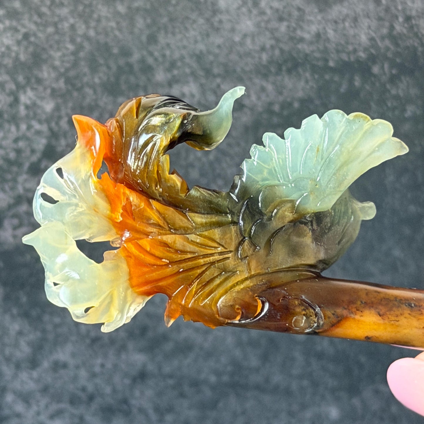 Xiu Jade (Serpentine) Hand Carved Phoenix Hair Pin: Natural Multi-coloured Brown, White, Blue Jade Hair Stick, 3D stone carving | Asian Chinese Vintage Hanfu Hair Fork gift for her blue jade green jade brown jade white jade multi color jade carving phoenix carving  certified natural jade untreated jade with certificate chinese hairpins japanese hair pins korean hair stick hanfu hair comb antique hair fork wedding headpiece