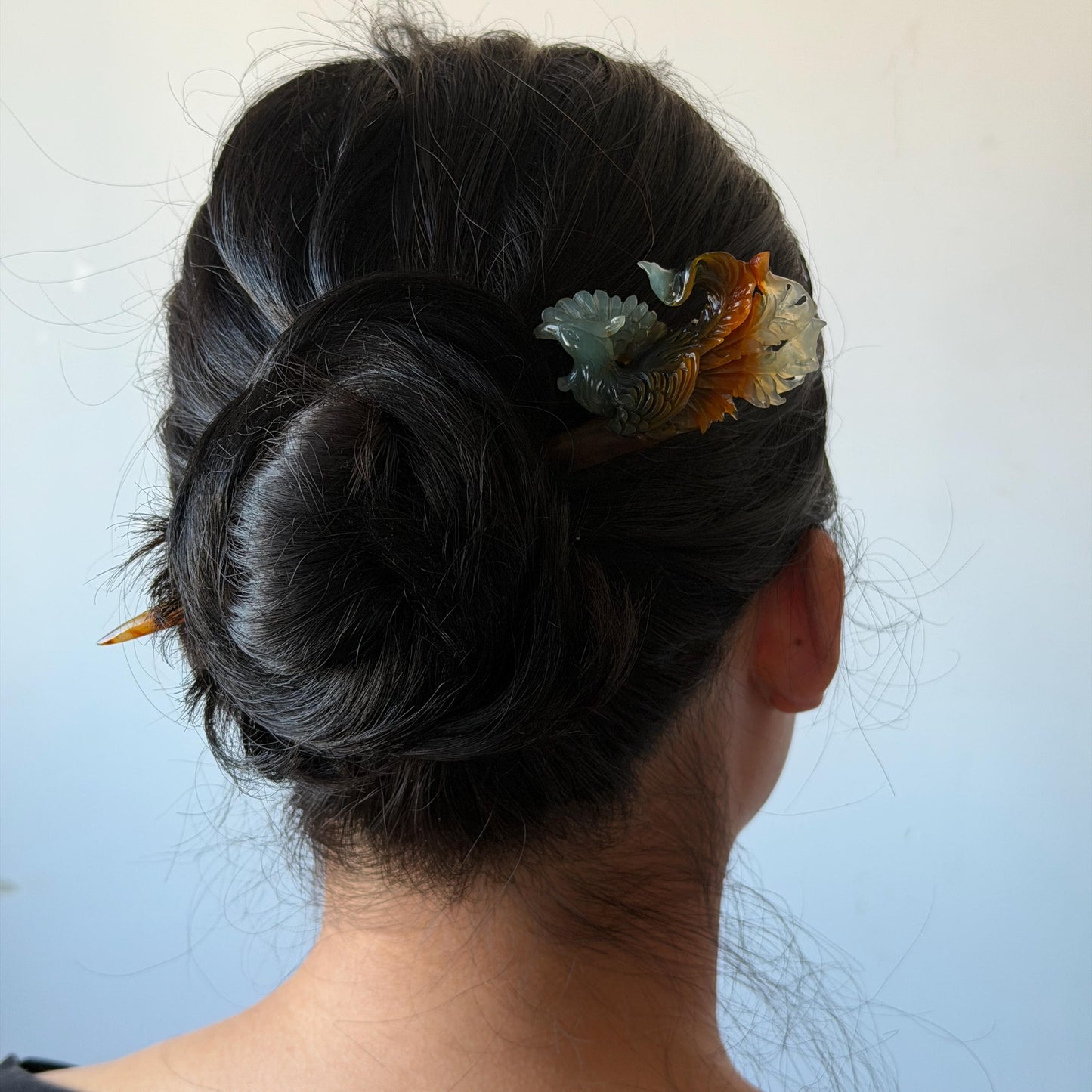 Xiu Jade (Serpentine) Hand Carved Phoenix Hair Pin: Natural Multi-coloured Brown, White, Blue Jade Hair Stick, 3D stone carving | Asian Chinese Vintage Hanfu Hair Fork gift for her blue jade green jade brown jade white jade multi color jade carving phoenix carving  certified natural jade untreated jade with certificate chinese hairpins japanese hair pins korean hair stick hanfu hair comb antique hair fork wedding headpiece